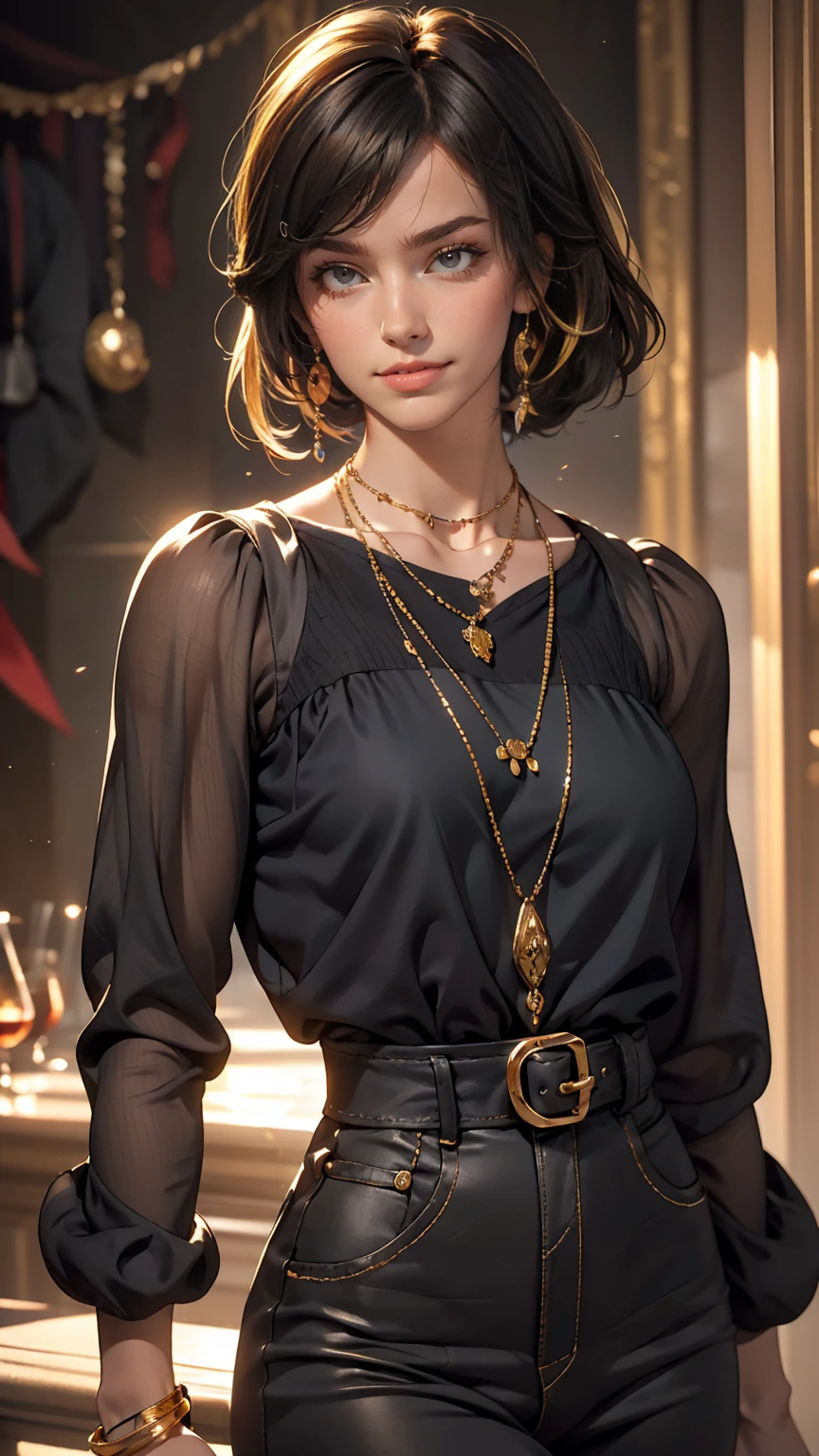 masterpiece,One girl,alone, A light smile, Metal Necklace, White shirt, Modern , accessories, Purple and black two-tone hair color, Unique Hairstyles, stylish, Gold background