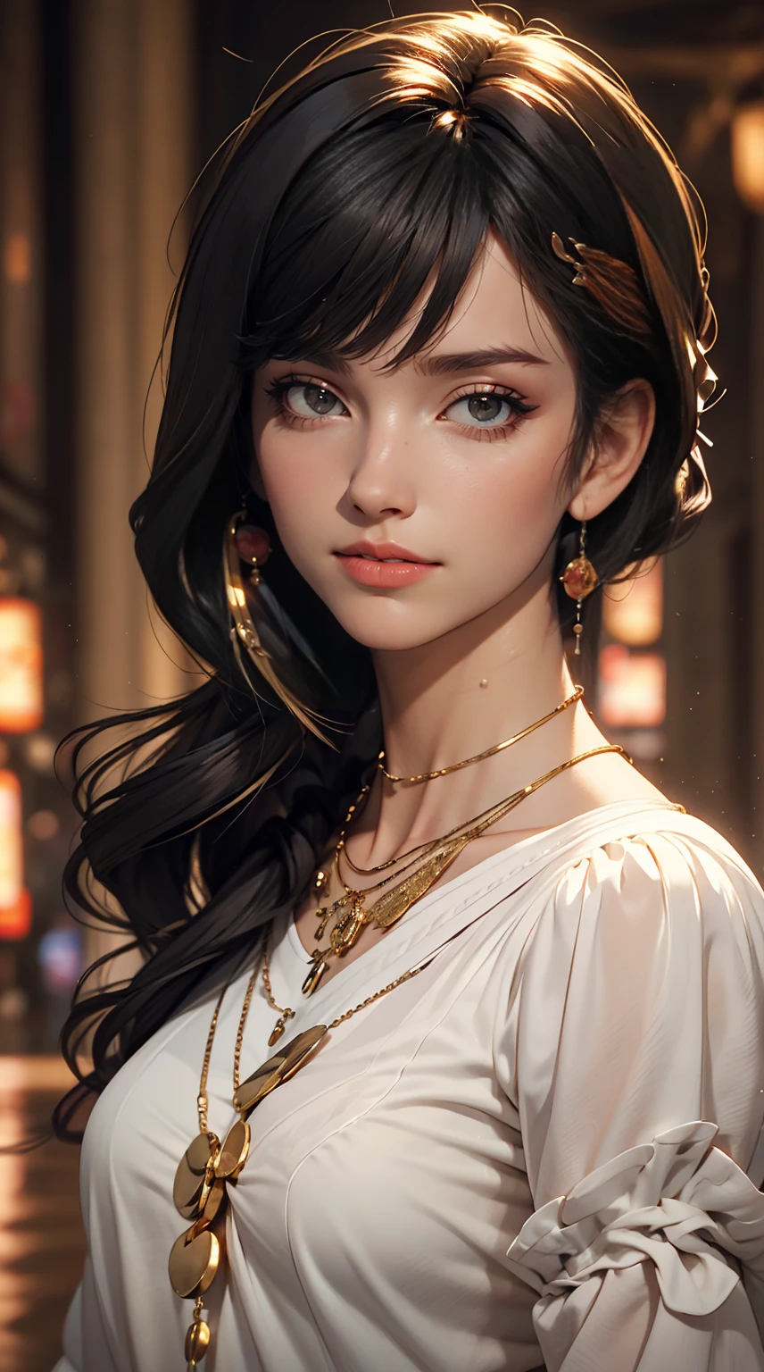 masterpiece,One girl,alone, A light smile, Metal Necklace, White shirt, Modern , accessories, Purple and black two-tone hair color, Unique Hairstyles, stylish, Gold background