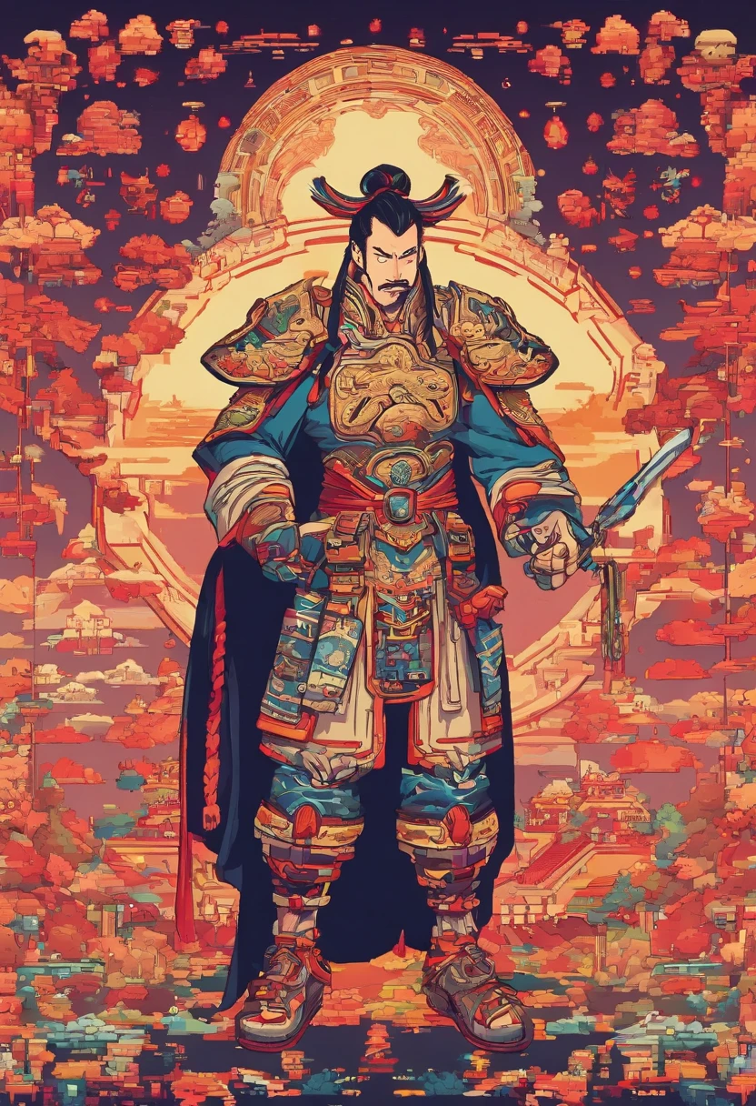 Ancient Chinese man in armor、Clever man、Looking into the camera、His hair is in a bun、Only one topknot、Black Hair、Stand and pose、Pixel art、(masterpiece, highest quality, highest quality), pixel,pixel art,whole body,Characters in Romance of the Three Kingdoms、Transform、Short Deformation、The head is decorated with white embroidery....、Handsome man in trousers