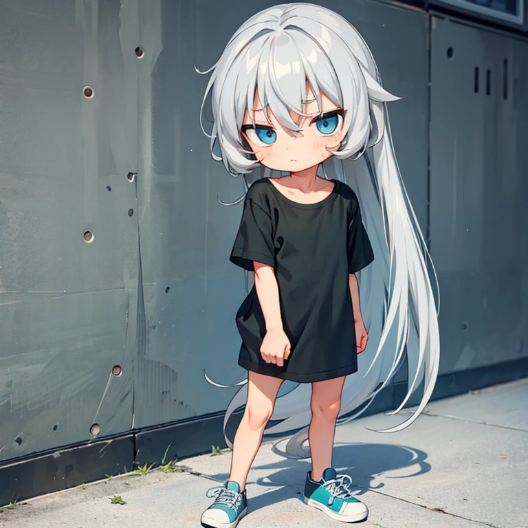 chibi, whole body, big head, sad , light blue eyes and very long shaggy silver (gray-haired) hair, Very flat chest, gray-green T-shirt on a naked body, sneakers, standing