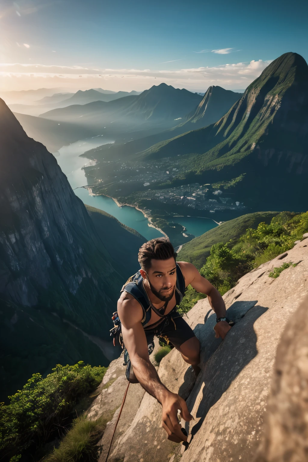 a man climbing a steep mountain cliff, dramatic closeup of face, eyes focused, reaching out to place pitons, epic landscape, dramatic lighting, cinematic, photorealistic, 8k, highly detailed, masterpiece