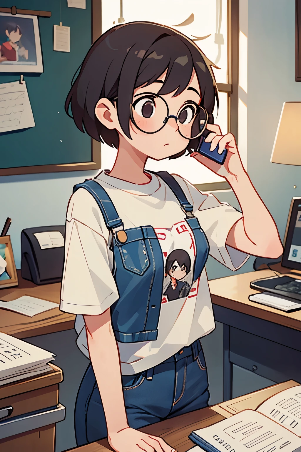 A 25-year-old girl with short hair，Wearing glasses，Wearing jeans、Short sleeve，Holding the phone in hand and making a call1.9 There is a desk in front，There is a notebook on it..5