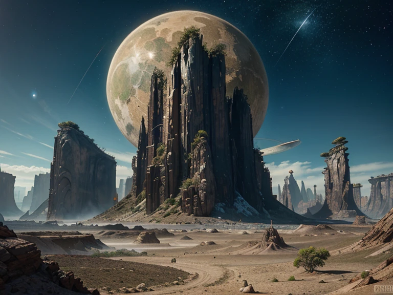 pixel, Sci-fi digital painting of an alien landscape with otherworldly plants, strange creatures, and distant planets