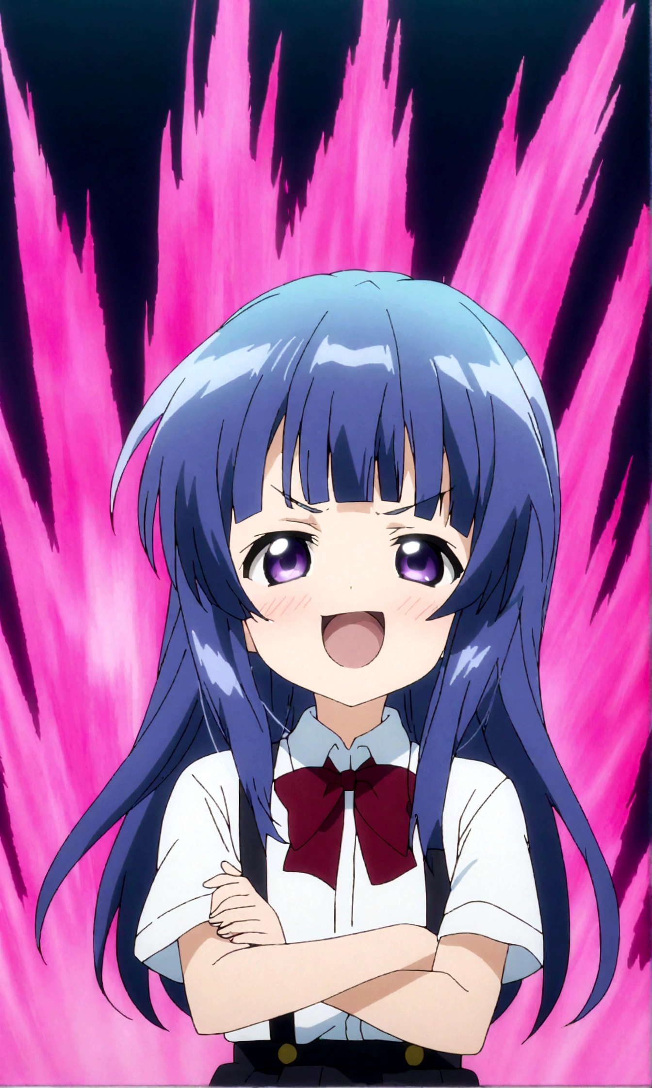 score_9,score_8, score_8_up, BREAK 1girl, solo, furude rika, (tween), kawaii, blue hair, purple eyes, long hair, blunt bangs, bangs, simple background, white background, bow, skirt, shirt, suspenders, smile, short sleeves, pleated skirt, white shirt, open mouth, :d, red bow, facing viewer,^_^,smug, suspender skirt, , black skirt, collared shirt, blush, bowtie, blunt bangs, dress shirt,masterpiece, best quality, source_anime,anime screencap,anime coloring,standing,mediumshot,aura,crossed arms,