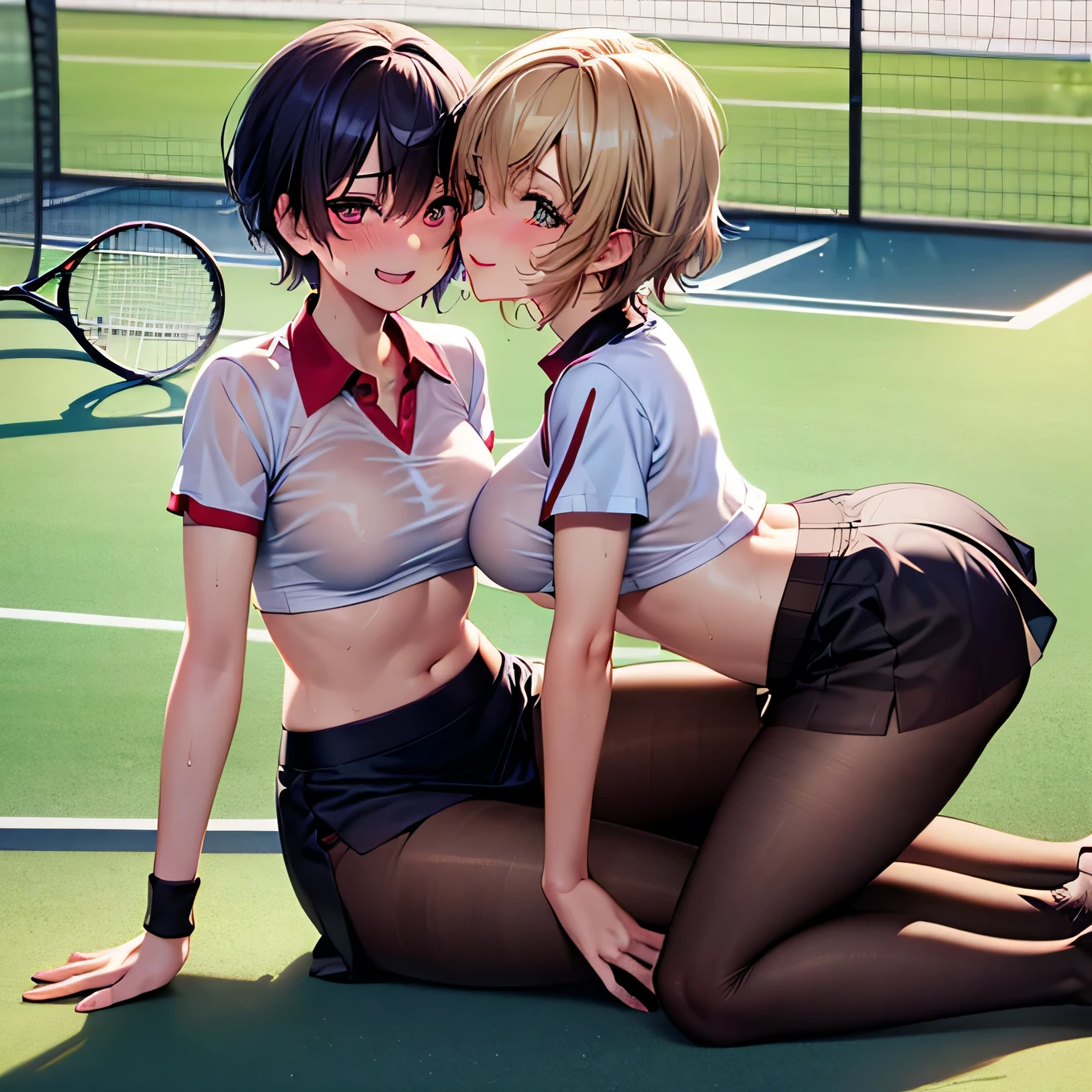 best quality,ultra-detailed,high resolution,extremely detailed CG,perfect anatomy,detailed,cinematic lighting,beautiful detailed eyes,ultra high res,(2girls:1.5),18years old,gleaming skin,oil skin,sweat,humid,trembling,strong light coming in,spot lighting,bright,revealing,nose blush,nsfw,(slut:1.2),(steam:1.2),(wet:0.8),(trembling:0.8),(drooling:0.6),(sweat:0.8),(nsfw:1.2),(Tennis uniform:1.2),(Young:1.2),Japanese,(Tennis court:1.2),large breasts,(Random Hairstyles:1.2),Bold Pose,(full body:1.2),skirt,(Sheer tops:1.5),Shyness,(lure:1.9),(Smile:1.3),(Lesbian:1.9),(Taunt:1.9)