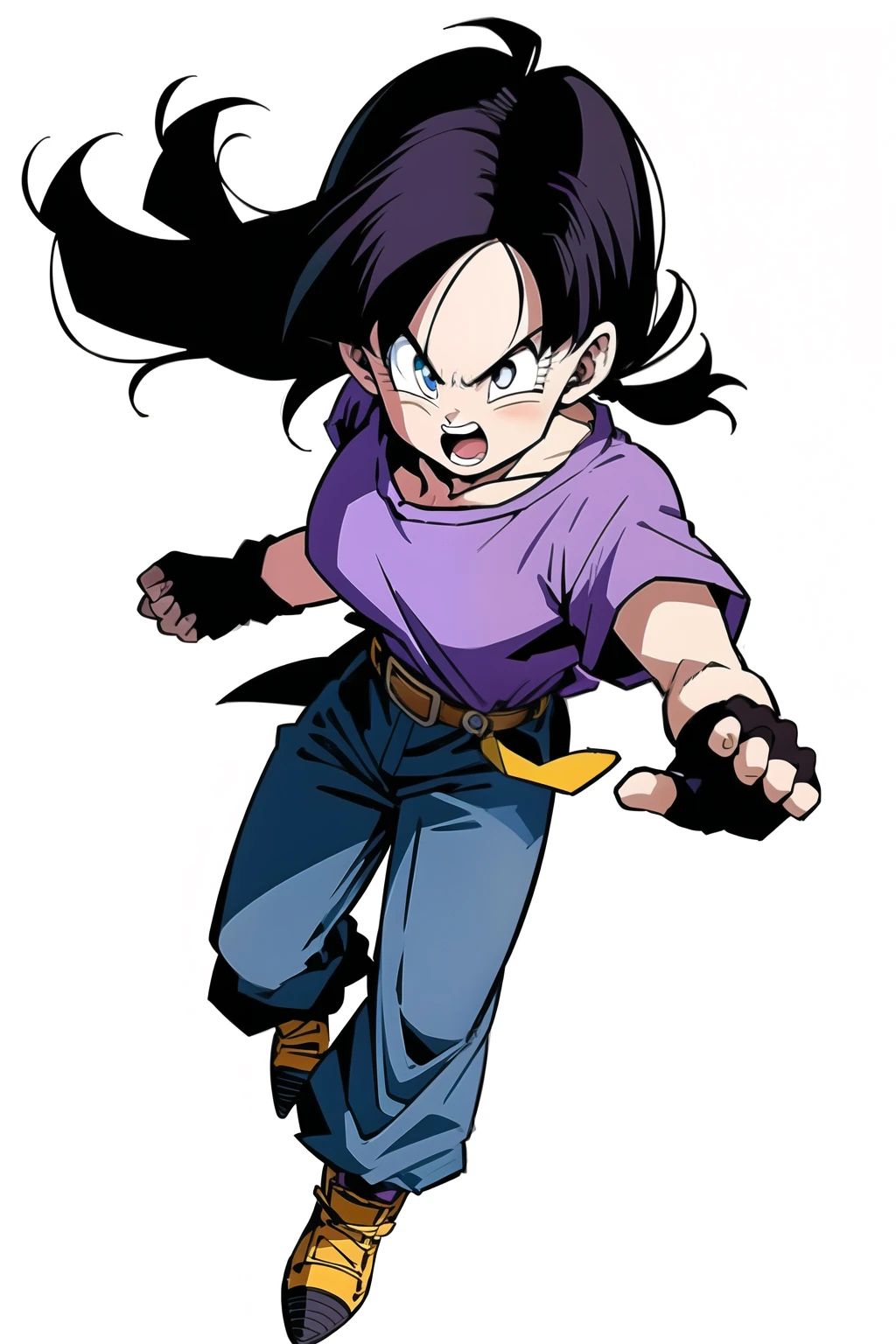 videl dbz, alone, Brown eyes, Black Hair, One girl, Simple Background, White Background, Combat Stance, Semi-long hair, Purple Hair, Hair that does not tie. Long shirt, Purple shirt, Blue Belt, Yellow footwear, anger, From above, Hollow, Fingerless gloves, boots, teeth, Open your mouth, Brown gloves, socks, eyelash, V-shaped eyebrows, Purple baggy pants, Purple loose pants, Dowel pants, perspective,