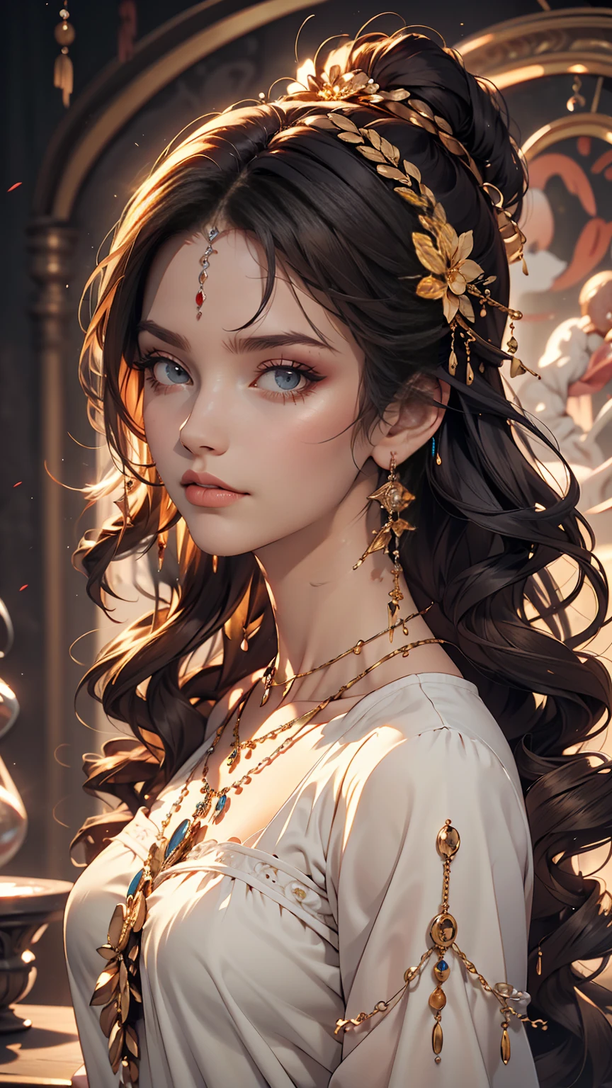 masterpiece,One girl,alone, A light smile, Metal Necklace, White shirt, Modern , accessories, Purple and black two-tone hair color, Unique Hairstyles, stylish, Gold background
