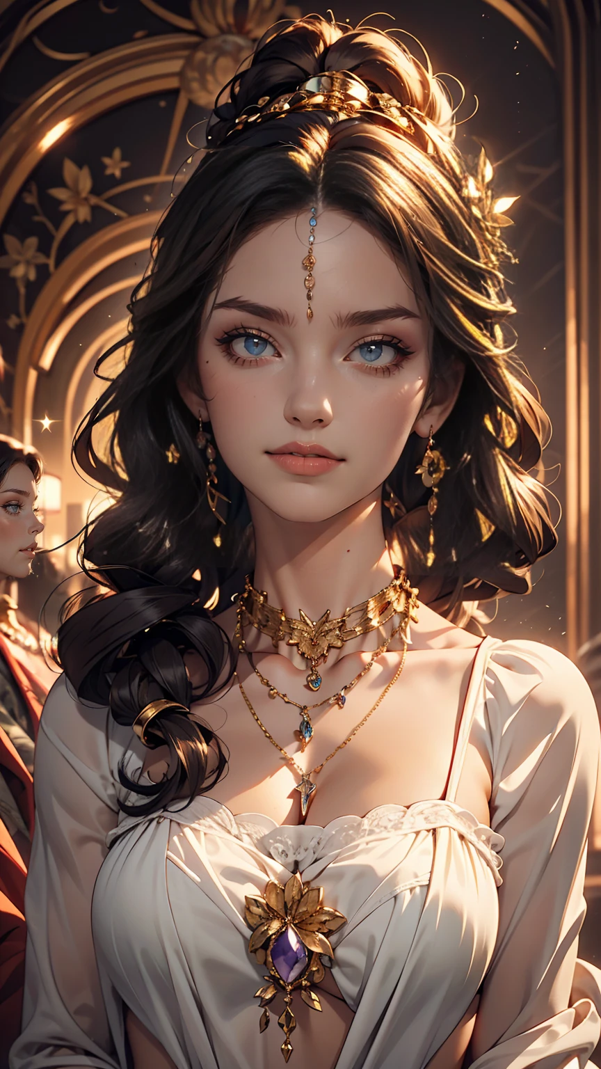 masterpiece,One girl,alone, A light smile, Metal Necklace, White shirt, Modern , accessories, Purple and black two-tone hair color, Unique Hairstyles, stylish, Gold background