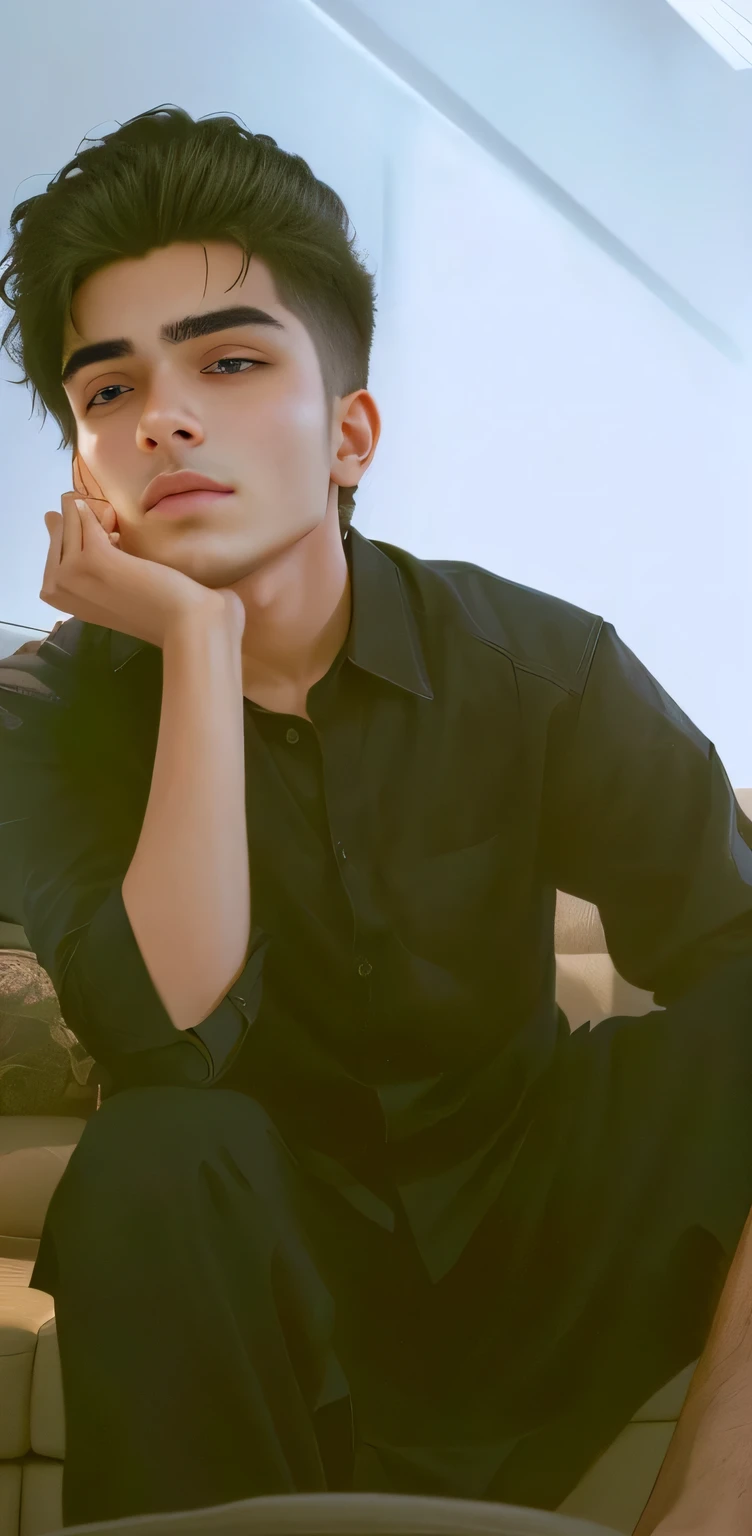 there is a man sitting on a couch with his hand on his chin, around 19 years old, candid picture, with lovely look, with a cool pose, low quality photograph, khyzyl saleem, with accurate face, profile picture 1024px, profile pic, edited in photoshop