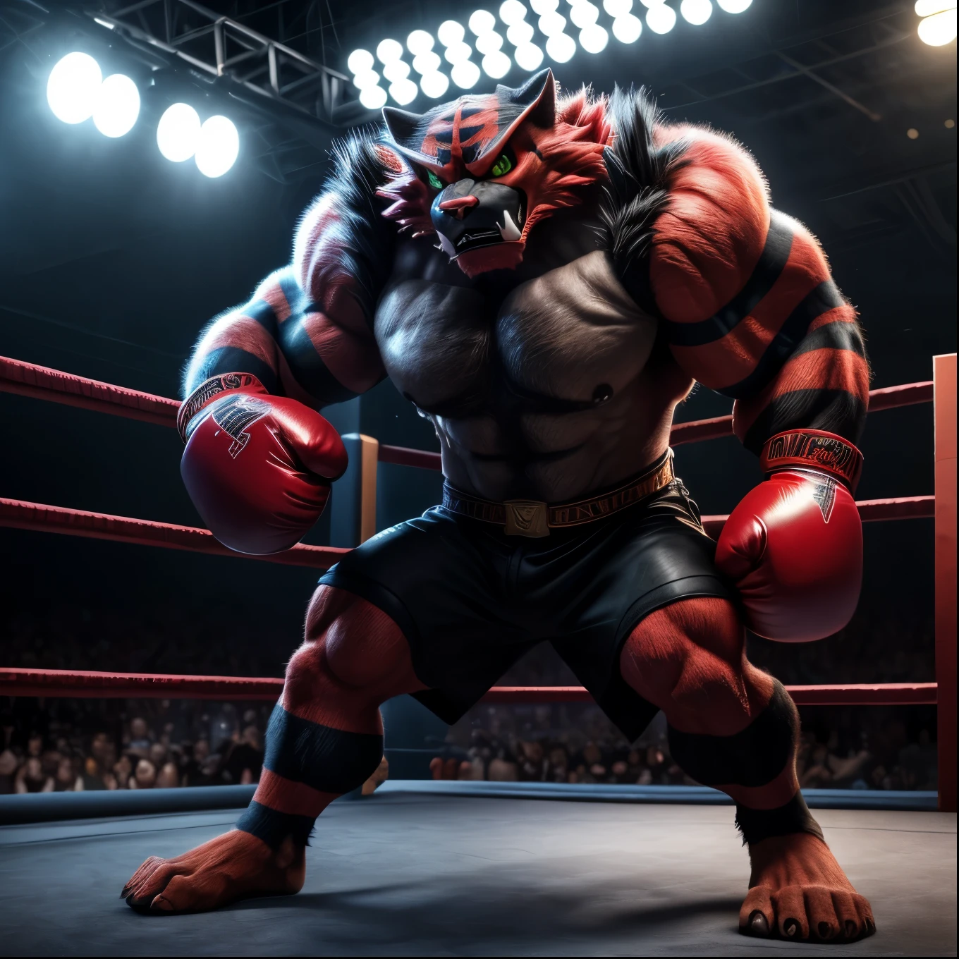 (((Barefoot furry character, full body, cinematic setting, furry male, ))) 

Incineroar, muscular, hyper muscular, bruised, fighting, bloody nose, beefy, brawny, standing in boxing ring, kick-box stance, boxing gloves

BREAK, detailed background, 8K, (masterpiece:1.5), intricate details, highly detailed, extreme detail, octane render, fine art, best quality, highres, (detailed face:1.5), ((full_body)), UHD, (((perfect hands))), low light