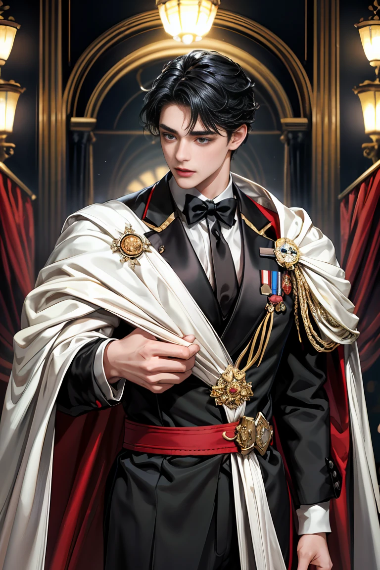 
masterpiece, 最high quality, high quality, 1 boy, alone, Male focus, Watching the audience,  Messy black hair, Adorable big blue eyes, White, Noble, Noble,Sexy voluminous cape、Tuxedo、A very voluminous, large, very large, very large, long, long red and black cape with a high stand-up collar, reaching down to the floor, made of a lot of fabric., 17 years old,Cute beautiful boys,Cute, cute, kind, handsome guy