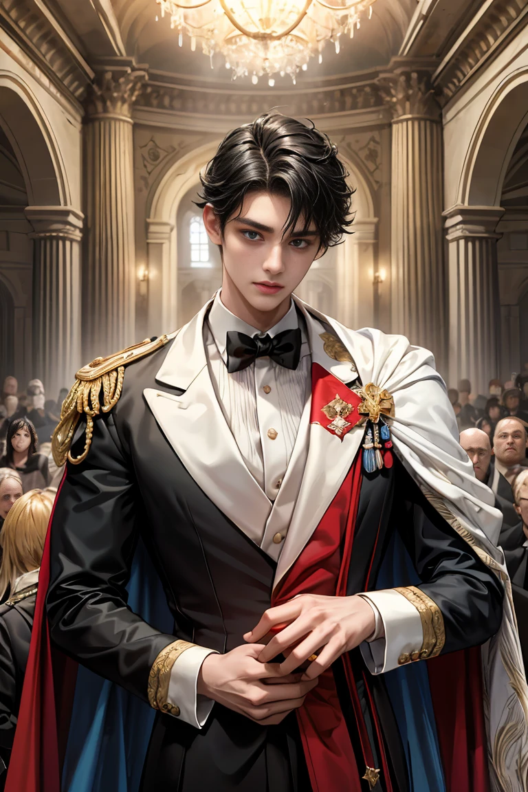 
masterpiece, 最high quality, high quality, 1 boy, alone, Male focus, Watching the audience,  Messy black hair, Adorable big blue eyes, White, Noble, Noble,Sexy voluminous cape、Tuxedo、A very voluminous, large, very large, very large, long, long red and black cape with a high stand-up collar, reaching down to the floor, made of a lot of fabric., 17 years old,Cute beautiful boys,Cute, cute, kind, handsome guy