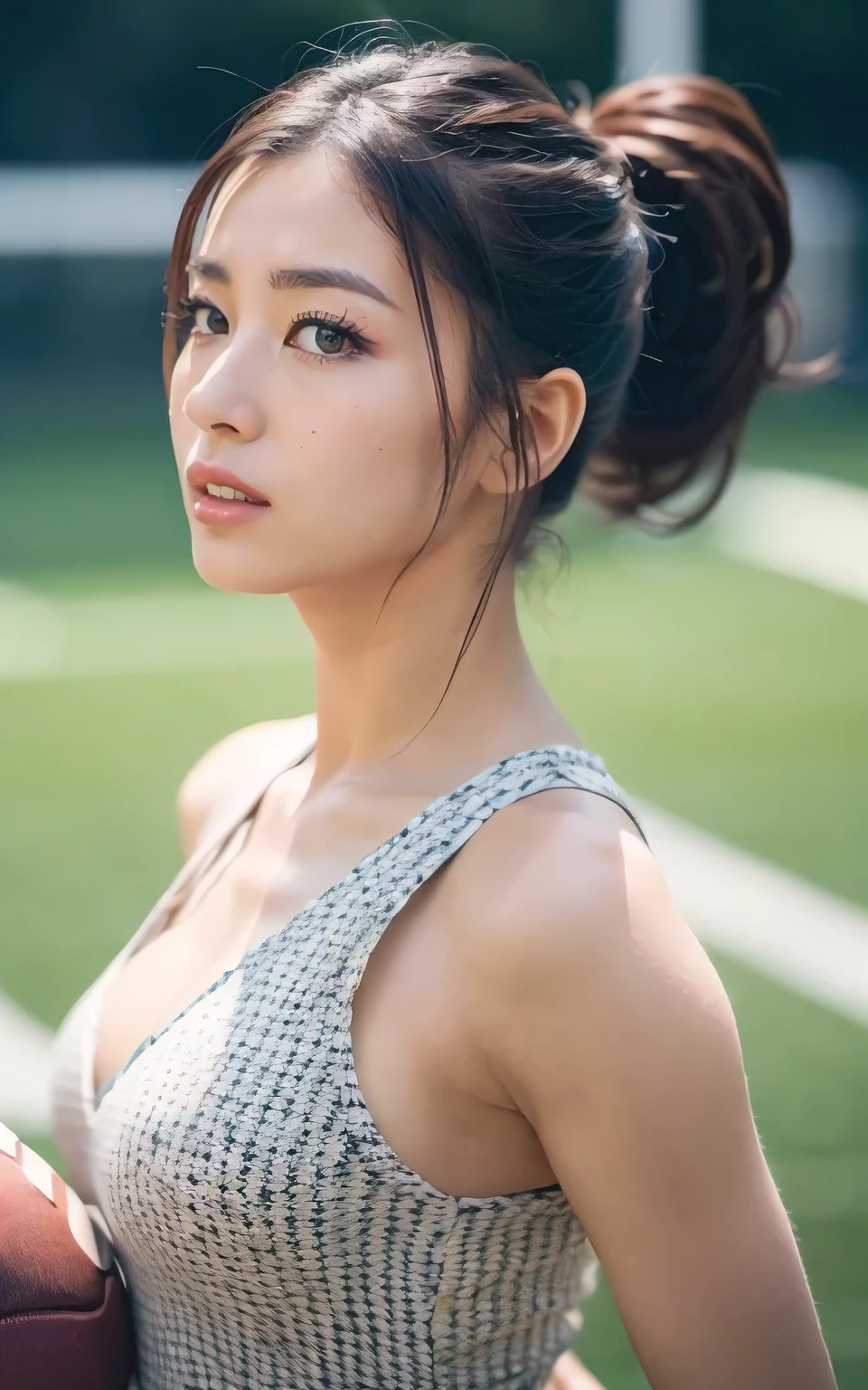 HASSELBLAD CAMERA, Original Photography, (real: 1.3), Twisted (Beautiful and glamorous: 1.4), Ponytail, (detail: 1.2), 8K Ultra HD, (football: 1.4), Beautiful Japanese women, muscle