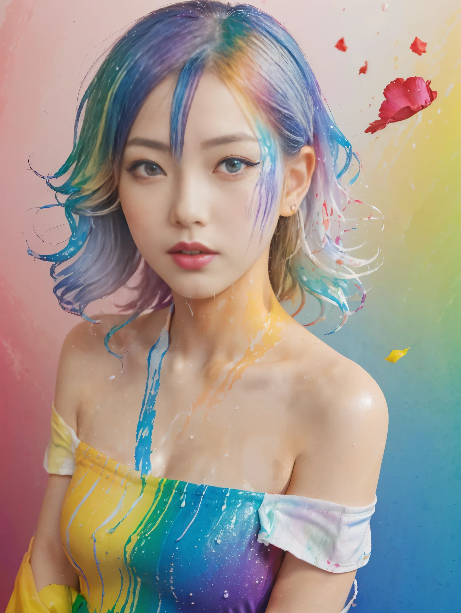 （Pink Fashion T-Shirt：1.9），(colorfulな髪: 1.8), (All the colors of the rainbow: 1.8),(((((vertical painting：1.6))), （painting：1.6），front, comics, figures, paintings, Big eyes, Clear eyes,（ Rainbow gradient high ponytail：1.7）, Exquisite makeup, Mouth closed,(Small Fresh: 1.5),(Wipe the chest: 1.6) ，Long eyelashes, White off-the-shoulder T-shirt, White shoulder shirt，Looking at the audience, Big teary eyes, (Rainbow Hair：1.6), カラーsplash, （alone：1.8）, カラーsplash, An explosion of colors, thick paint style, Messy Lines, ((The Shining))，(colorful), (colorful), (colorful), colorful, Thick paint Style, (splash) (Color splash), Vertical painting, Upper Body, paint splash, Acrylic Pigments, Slope, paint, Best image quality, highest quality, masterpiece, alone, Depth of written boundary, Face paint, colorful clothes, (elegant: 1.2), nice,Long Hair, Wind, (elegant: 1.3), (petal: 1.4)，(((masterpiece))),(((highest quality))),((Super detailed)),(figure),(Dynamic Angle),((floating)),(paint),((Disheveled Hair)),(alone),(One girl) , (((Detailed anima face))),((Beautifully detailed face)),collar,Exposing shoulders,Gray Hair, ((colorful hair)),((Striped Hair)),Beautiful fine details,(Slope color eyes),(((colorful eyes))),(((colorful background))),(((High chroma))),(((surrounded by colorful splashes))),