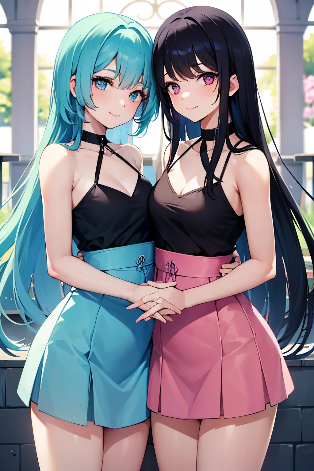 Two girl of age around 25-30. Holding each other waist. Smiling. Blue hair and black hair. Green eyes and pink eyes. 