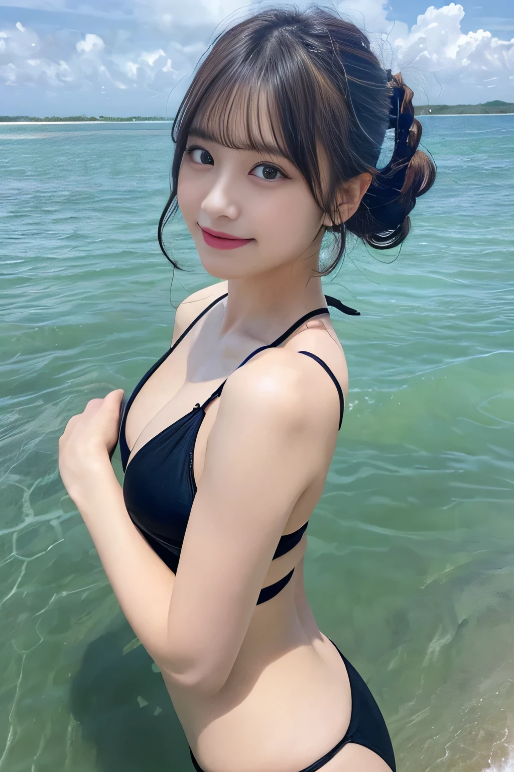 muste piece, best quality, illustration, Super detailed, fine details, High resolution, 8K Dende Wallpaper, perfect dynamic composition, beautiful detailed eyes, she is wearing a bikini swimsuit,medium hair,natural color lip, shy smile,Harajuku style、18 years old girl、There is only one person, bust up photo、Correct posture、stretch your back、Never show your hands、Stand up straight、cute type、looking at camera、F Cup、Large Breasts, brown hair、Don't touch it、Blurred sea water background、Copy Space