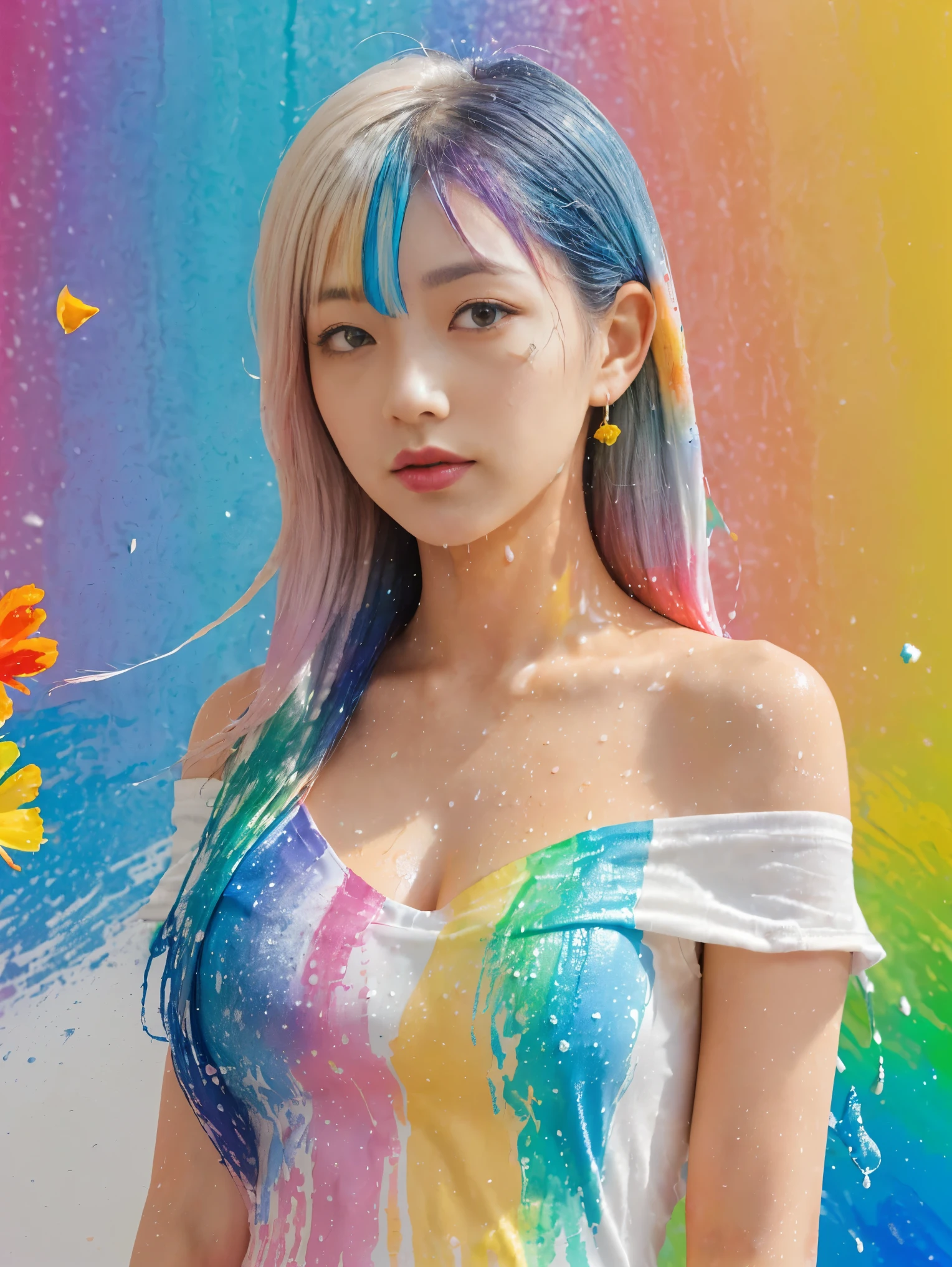 Pink Fashion T-Shirt：1.9），(colorfulな髪: 1.8), (All the colors of the rainbow: 1.8),(((((vertical painting：1.6))), （painting：1.6），front, comics, figures, paintings, Big eyes, Clear eyes,（ Rainbow gradient high ponytail：1.7）, Exquisite makeup, Mouth closed,(Small Fresh: 1.5),(Wipe the chest: 1.6) ，Long eyelashes, White off-the-shoulder T-shirt, White shoulder shirt，Looking at the audience, Big teary eyes, (Rainbow Hair：1.6), カラーsplash, （alone：1.8）, カラーsplash, An explosion of colors, thick paint style, Messy Lines, ((The Shining))，(colorful), (colorful), (colorful), colorful, Thick paint Style, (splash) (Color splash), Vertical painting, Upper Body, paint splash, Acrylic Pigments, Slope, paint, Best image quality, highest quality, masterpiece, alone, Depth of written boundary, Face paint, colorful clothes, (elegant: 1.2), nice,Long Hair, Wind, (elegant: 1.3), (petal: 1.4)，(((masterpiece))),(((highest quality))),((Super detailed)),(figure),(Dynamic Angle),((floating)),(paint),((Disheveled Hair)),(alone),(One girl) , (((Detailed anima face))),((Beautifully detailed face)),collar,Exposing shoulders,Gray Hair, ((colorful hair)),((Striped Hair)),Beautiful fine details,(Slope color eyes),(((colorful eyes))),(((colorful background))),(((High chroma))),(((surrounded by colorful splashes))),