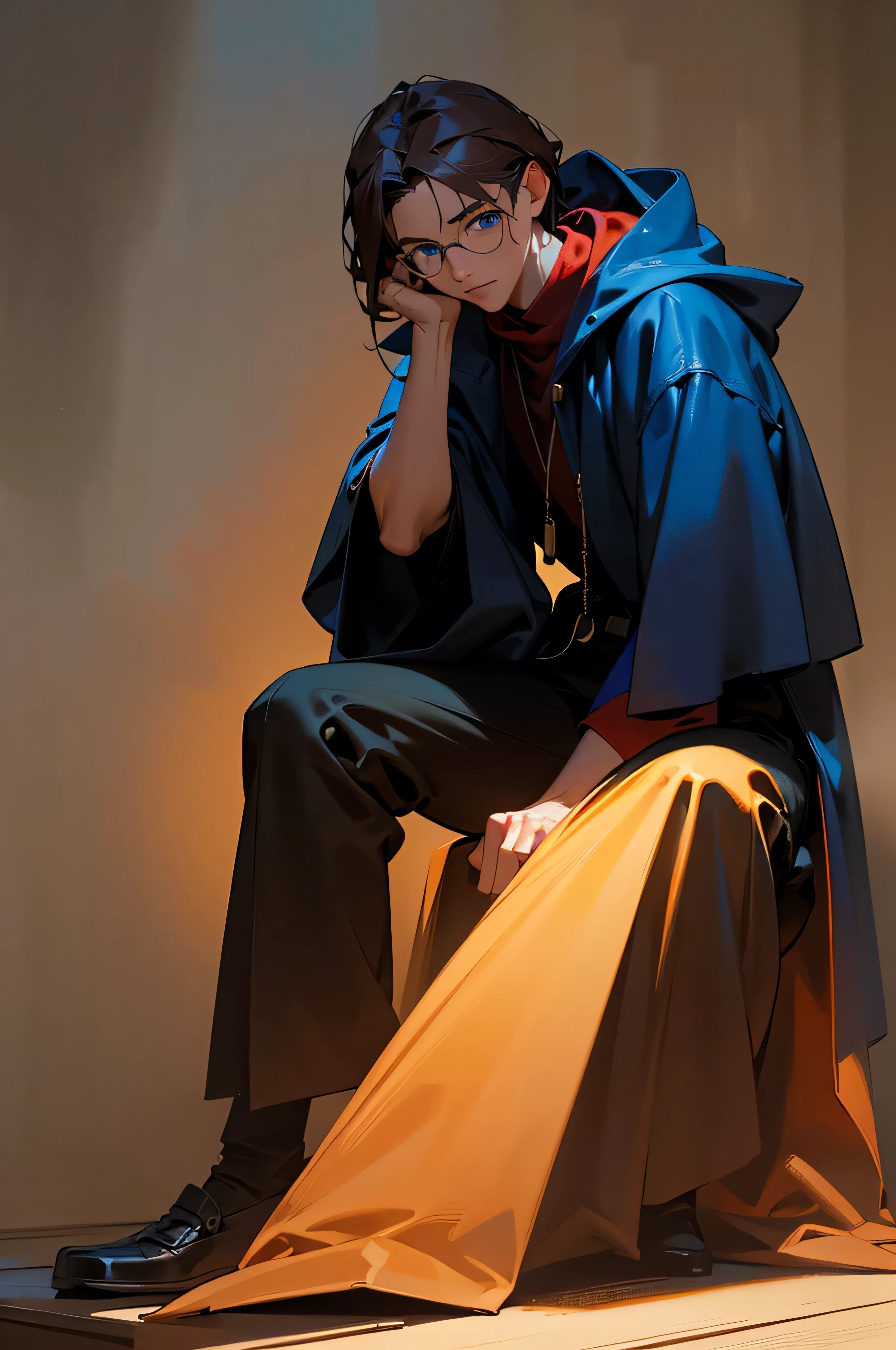 1 young man, red hooded cloak, scar on left eye, glasses, 6'2 height, blue eyes, brown short hair, frail-looking, full body, blue shirt, black pants, (best quality,4k,8k,highres,masterpiece:1.2),ultra-detailed,(realistic,photorealistic,photo-realistic:1.37),portrait,cinematic lighting,dramatic lighting,chiaroscuro,moody color palette,warm tones