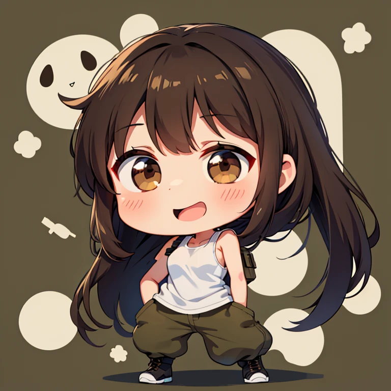 chibi, whole body, big head, laughter, very tousled dark brown tousled long hair, golden brown eyes, medium breasts, camouflage racer tank, military style trousers with patch pockets, massive high infantry boots, standing
