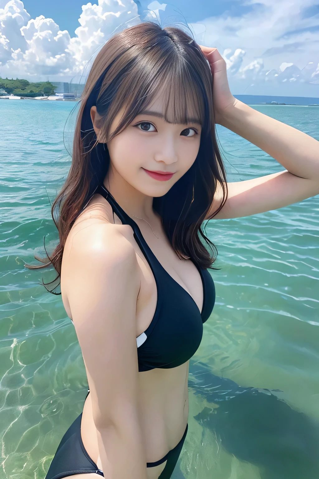 muste piece, best quality, illustration, Super detailed, fine details, High resolution, 8K Dende Wallpaper, perfect dynamic composition, beautiful detailed eyes, she is wearing a bikini swimsuit,medium hair,natural color lip, shy smile,Harajuku style、18 years old girl、There is only one person, bust up photo、Correct posture、stretch your back、Never show your hands、Stand up straight、cute type、looking at camera、F Cup、Large Breasts, brown hair、Don't touch it、Blurred sea water background、Copy Space