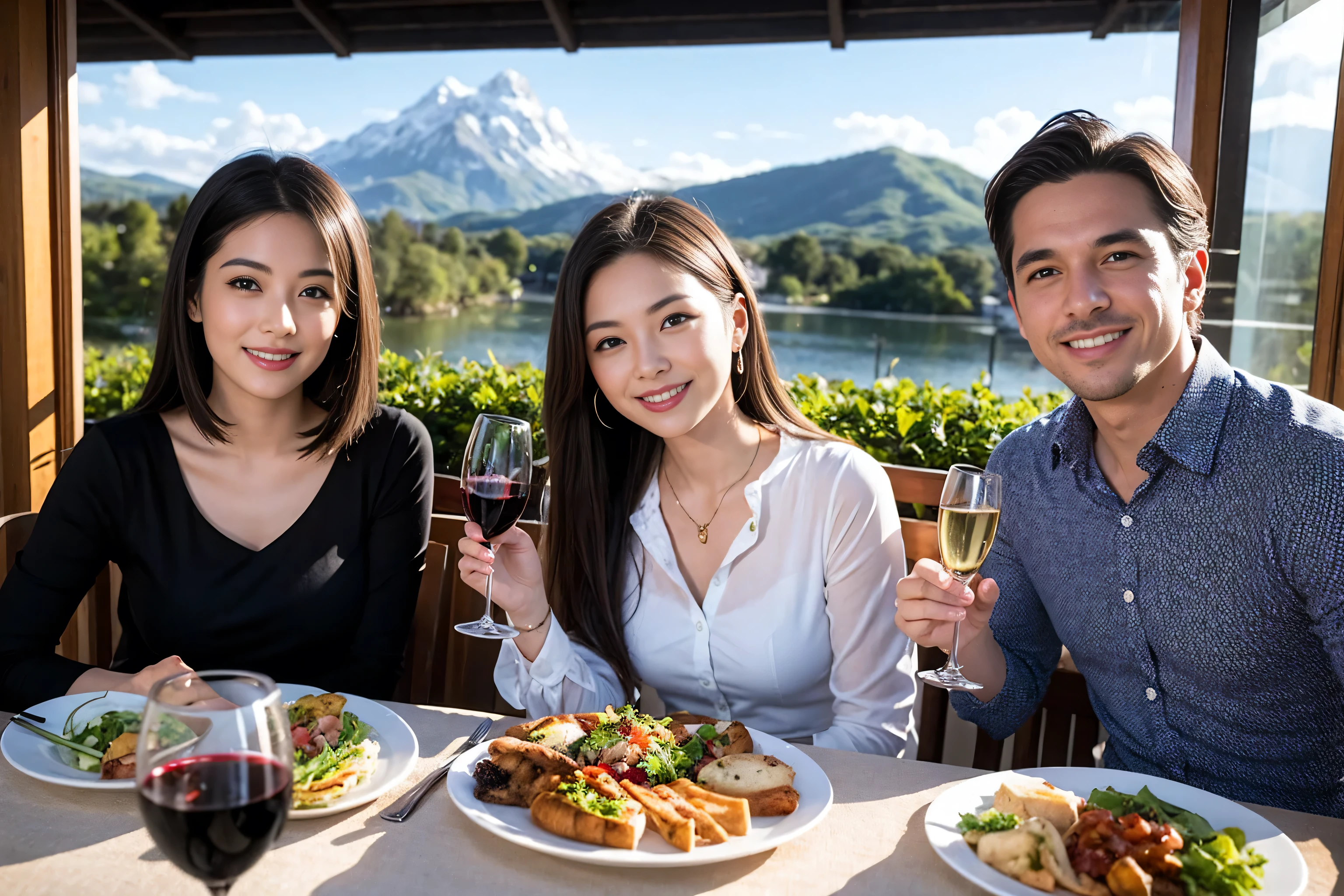 ((highest quality、8k、masterpiece:1.3))、1 male 1 female、Hirose Alice lookalike couple、Lovers、beautiful couple、Happy Smile、 (Slim face), (The body is スリム), (Brown Hair), (Shortcuts), ((Bob Hale、Straight hair:1.2)), Wine glass on the table、Please put light on my face、 Amazing view of the sunset sky and clouds、Amazing mountain views、The wonderfulness of smiles、Bright image、Blushing, Shortcuts,Bright Face、 (Age 37), 39 years old, red wine 、Appetizers、Italian food、Wine bottle、Champagne、sparkling wine、Long sleeve shirt、dress、Attractive beauty、restaurant, Nova Frog Style, actress, model, Upper Body, White wine, red wine, wine glass,