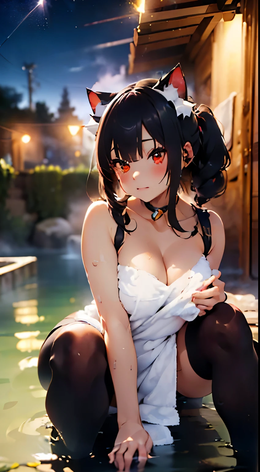 (obra maestra,Super detail,en 8K,best composentarseion,changing edge lighting,photorealsentarseic,dynamic shooting:1.5),Vista desde el frente,solo,(((orejas de gato))), (junkotvv, pelo negro largo con flequillo orejas de gato, ojos rojos),hermosos ojos detallados,looking to the camera,shy,rubor,Cara sonrojada,brillo pegajoso,super detailed sticky wet skin,grande ,escote,sentarse,(separar las piernas,levantar una pierna,ocultar la cara con un brazo,cover the body with a bath towel,Breast protrusion:1.7),fantastic night sky,in a wild outdoor rock bath,vagamente iluminado por luces de linterna,(Lleno de vapor,light particles:1.5), profundidad de campos, (catgirl cat ears, catgirl ,cat ears)