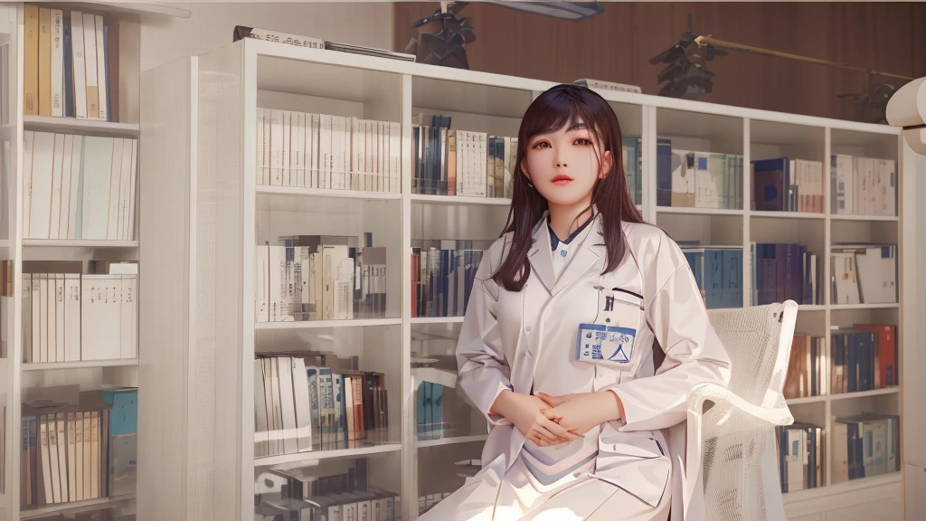 Arav woman in white coat sitting in front of bookshelf, jiyun chae, qiu fang, Home, Nishimiya Shoko, pengzhen zhang, xiaofan zhang, yun ling, Li Zixin, Wearing a lab coat and shirt, wu liu, Who is Amin for?, zhang daqian, yin zhen chu