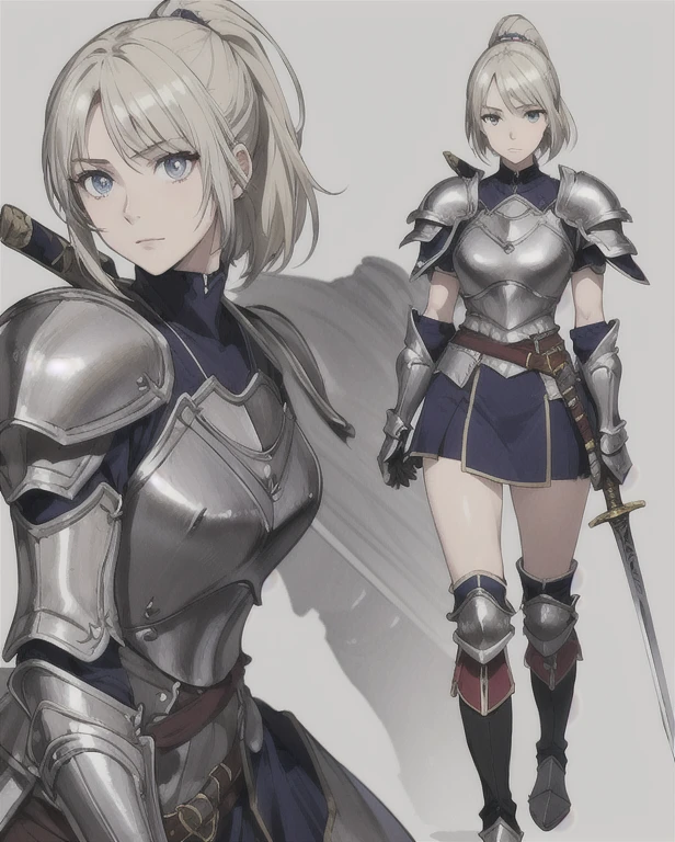 half body, walking pose, shot from front, slow motion, female paladin wearing the full body, (light silver armour:1.2),(ornately decorated armor), (insanely detailed, bloom:1.2), (analog:1.2), (high sharpness), (detailed pupils:1.1), detailed face and eyes, (short blonde Hair, ponytail,ecstatic:1.1), (young woman:1.1), sharp, real shadow, (wild background:1.2), arms crossed over the chest , looking at viewer,Holding a sword in his hand,boots,Thighs,Knee-high socks