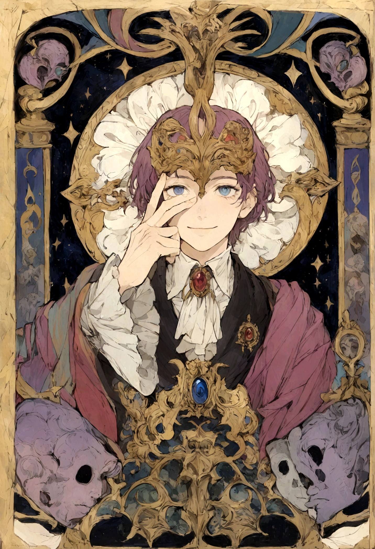 (absurdres, highres, ultra detailed), 1 male, adult, student at Hogwarts, handsome, finely detailed eyes and detailed face, devil blue eyes looking at him, mysterious mask covering his face, night sky, the lovers \tarot\, Symbolism, Visual art, Occult, Universal, Vision casting, Philosophical, Iconography, Numerology, Popularity, Artistic, Alphone Mucha, short hair, smile, calm expression , Hogwarts uniform purple color ,