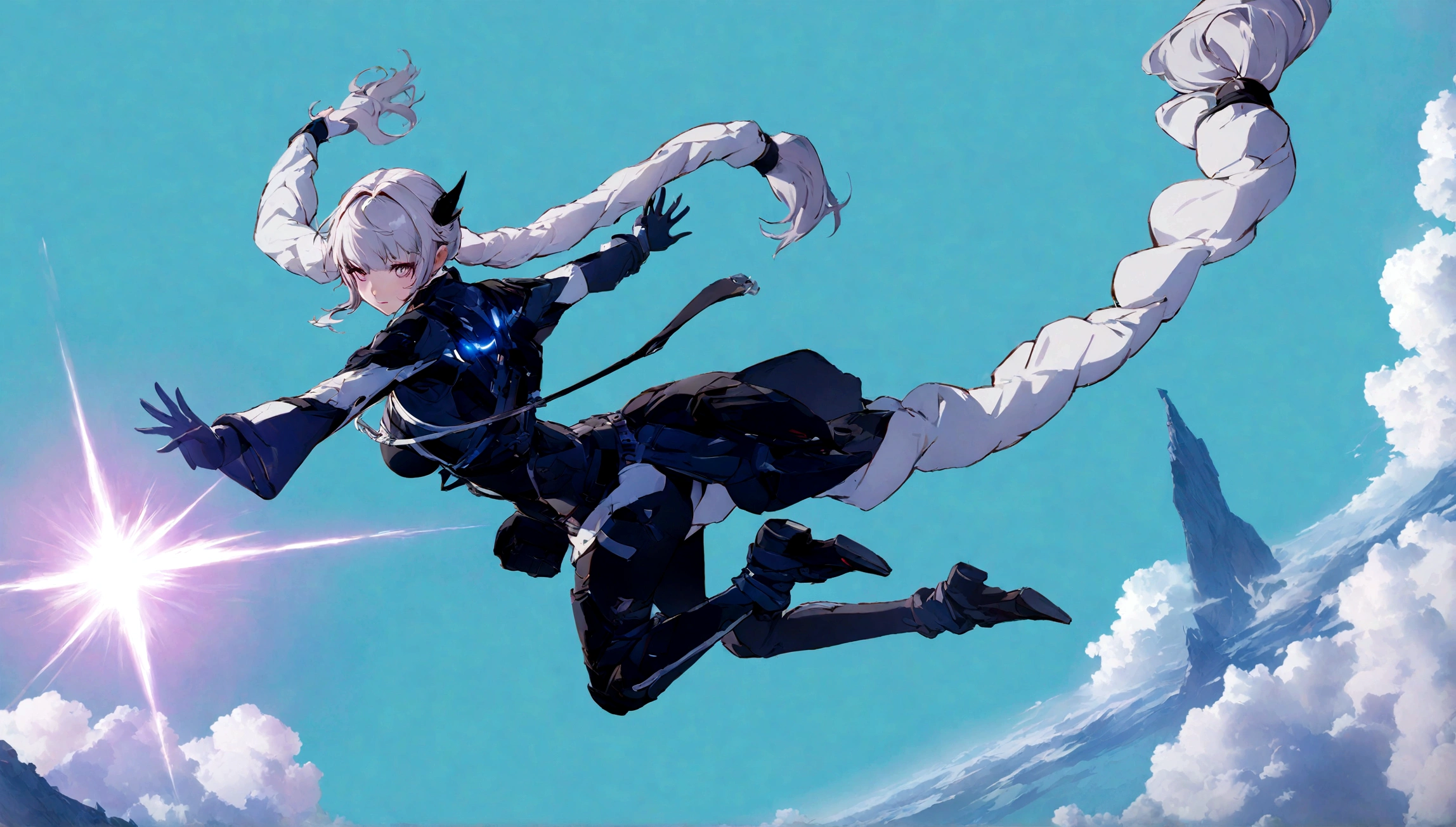 Official Art, Unity 8k wallpaper, super detailed, beautiful, beautiful, masterpiece, best quality,1girl,Purple and white gradient long ponytail, double ponytail, flying in the air
