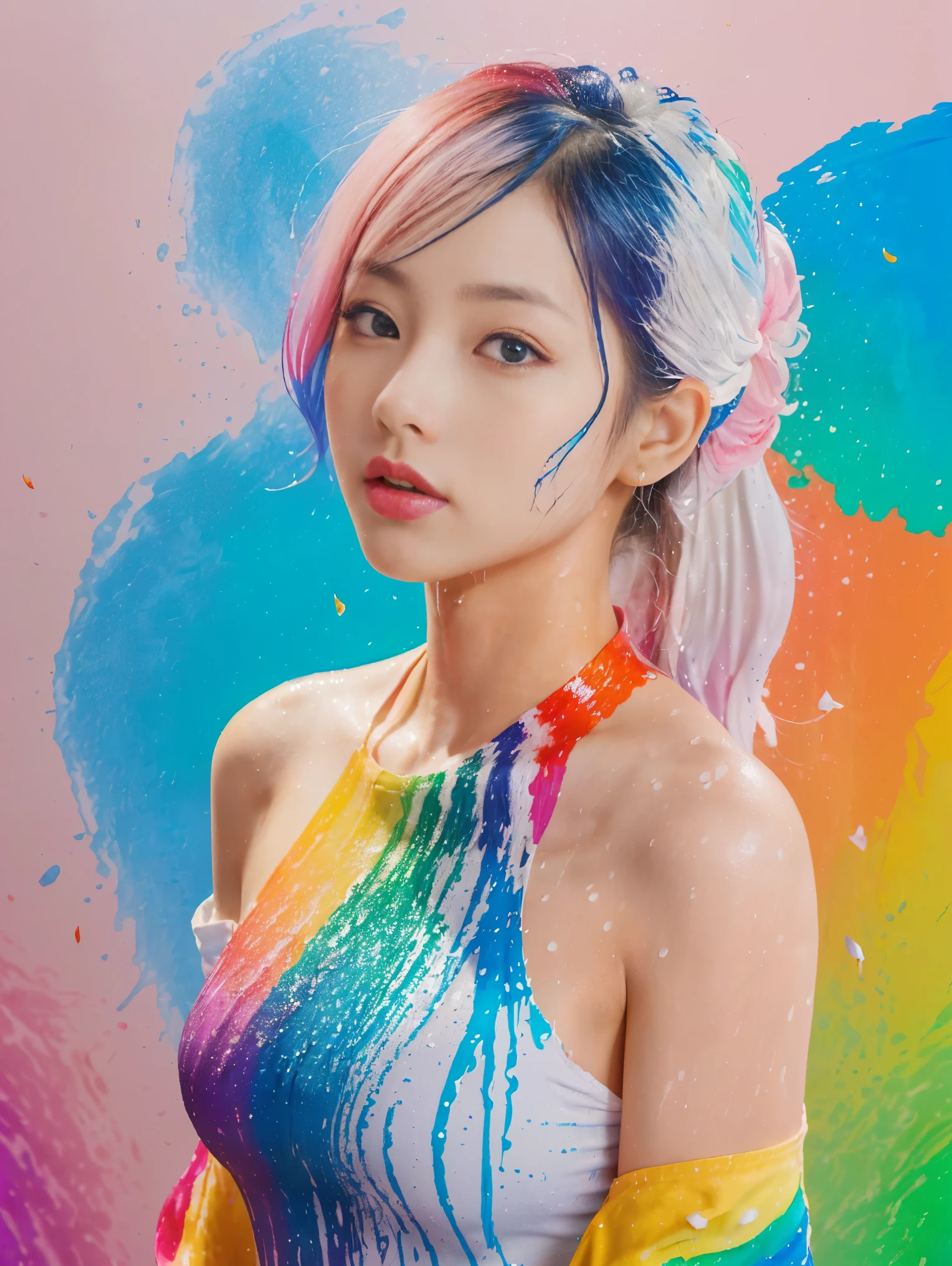 Pink Fashion T-Shirt：1.9），(colorfulな髪: 1.8), (All the colors of the rainbow: 1.8),(((((vertical painting：1.6))), （painting：1.6），front, comics, figures, paintings, Big eyes, Clear eyes,（ Rainbow gradient high ponytail：1.7）, Exquisite makeup, Mouth closed,(Small Fresh: 1.5),(Wipe the chest: 1.6) ，Long eyelashes, White off-the-shoulder T-shirt, White shoulder shirt，Looking at the audience, Big teary eyes, (Rainbow Hair：1.6), カラーsplash, （alone：1.8）, カラーsplash, An explosion of colors, thick paint style, Messy Lines, ((The Shining))，(colorful), (colorful), (colorful), colorful, Thick paint Style, (splash) (Color splash), Vertical painting, Upper Body, paint splash, Acrylic Pigments, Slope, paint, Best image quality, highest quality, masterpiece, alone, Depth of written boundary, Face paint, colorful clothes, (elegant: 1.2), nice,Long Hair, Wind, (elegant: 1.3), (petal: 1.4)，(((masterpiece))),(((highest quality))),((Super detailed)),(figure),(Dynamic Angle),((floating)),(paint),((Disheveled Hair)),(alone),(One girl) , (((Detailed anima face))),((Beautifully detailed face)),collar,Exposing shoulders,Gray Hair, ((colorful hair)),((Striped Hair)),Beautiful fine details,(Slope color eyes),(((colorful eyes))),(((colorful background))),(((High chroma))),(((surrounded by colorful splashes))),