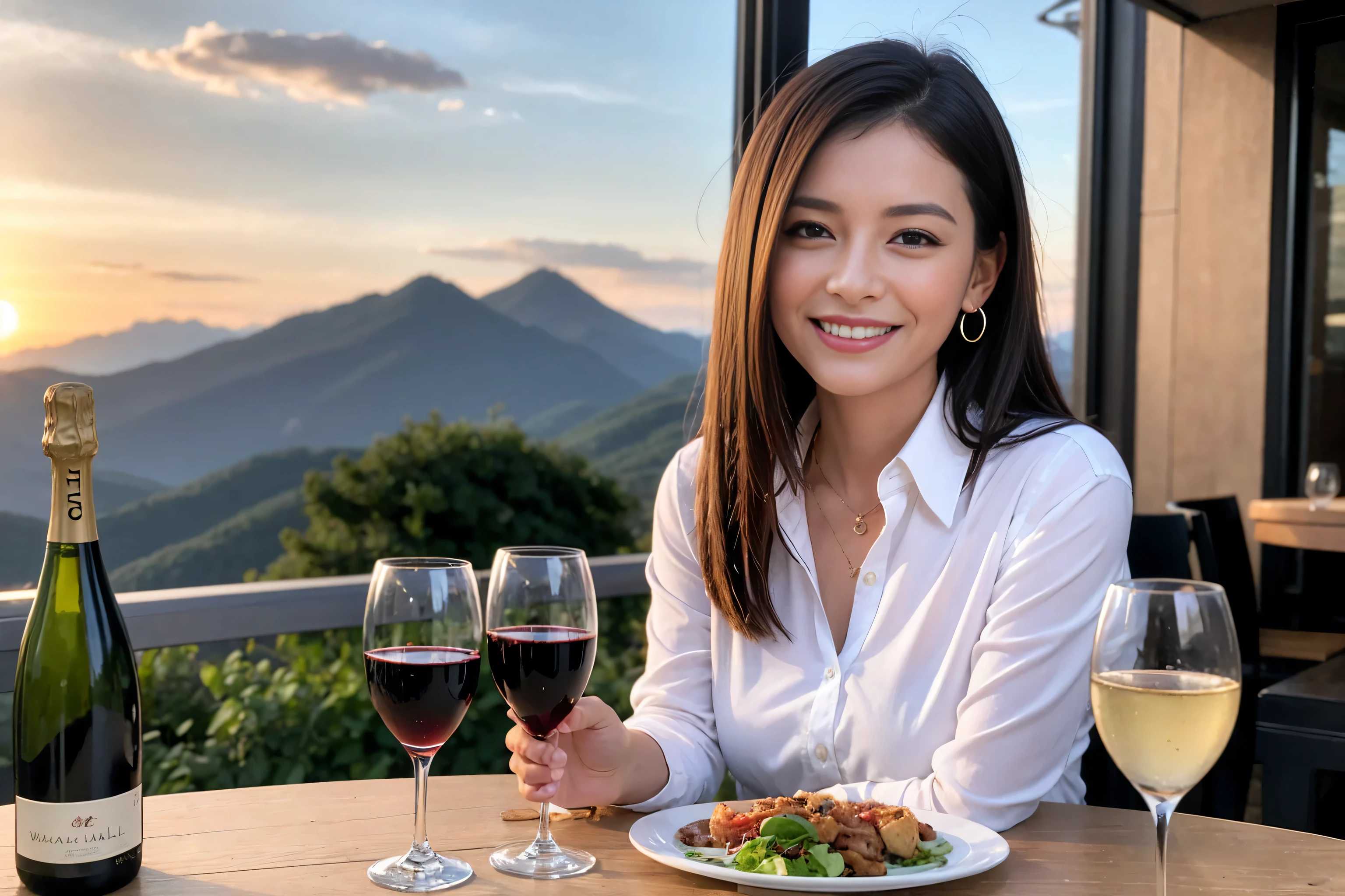 ((highest quality、8k、masterpiece:1.3))、1 male 1 female、Lovers、beautiful couple、Happy Smile、 (Slim face), (The body is スリム), (Brown Hair), (Shortcuts), ((Bob Hale、Straight hair:1.2)), Wine glass on the table、Please put light on my face、 Amazing view of the sunset sky and clouds、Amazing mountain views、The wonderfulness of smiles、Bright image、Blushing, Shortcuts,Bright Face、 (42 years old), 39 years old, red wine 、Appetizers、Italian food、Wine bottle、Champagne、sparkling wine、Long sleeve shirt、dress、Attractive beauty、restaurant, Nova Frog Style, actress, model, Upper Body, White wine, red wine, wine glass,