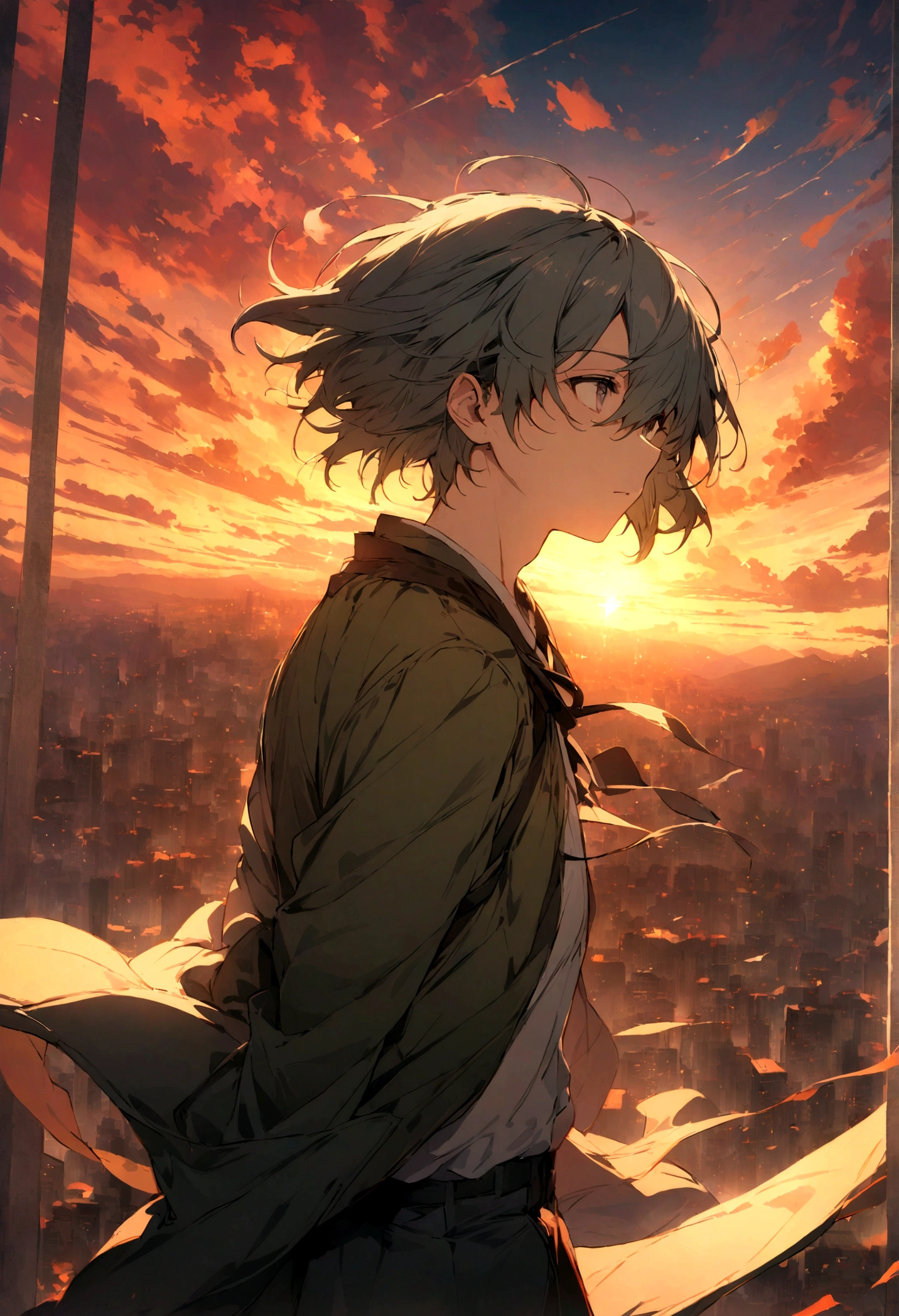 (Masterpiece, top quality), a young man with a quiet expression stands looking upwards, with a large city in the background. His hair is blowing in the wind and his gaze is fixed on the distant horizon. The sky is covered with a sunset and colourful clouds adorn his surroundings. He is depicted in a detailed and emotive style, like a character in an animated film by Makoto Shinkai.