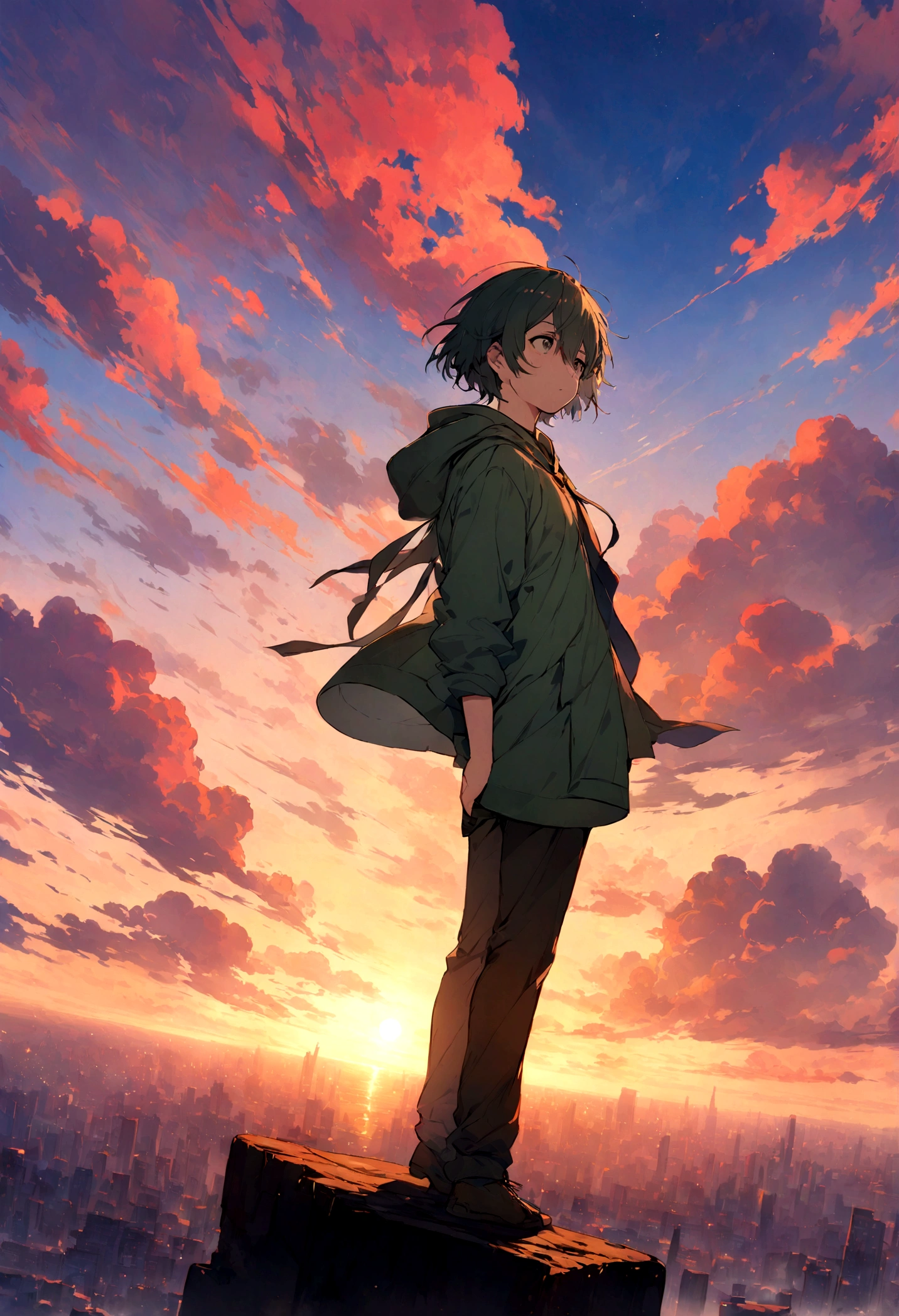 (Masterpiece, top quality), a young man with a quiet expression stands looking upwards, with a large city in the background. His hair is blowing in the wind and his gaze is fixed on the distant horizon. The sky is covered with a sunset and colourful clouds adorn his surroundings. He is depicted in a detailed and emotive style, like a character in an animated film by Makoto Shinkai.