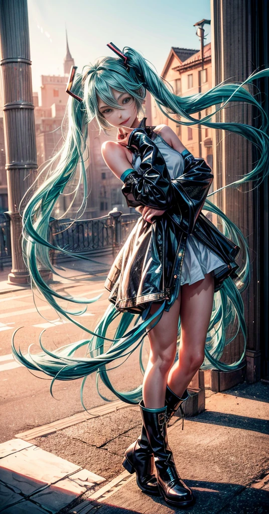 ((Cinematography of Hatsune Miku characters)),1 girl,  solo,  {beautiful and detailed eyes},  medium breasts, (ssmile:1.5),  natural and soft light,delicate facial features, beautiful and supercuteness,  eye smile,  very small earrings, 18yo,  ((model pose)), (erotic and sexy),(aroused face,  ahegao face,  Glamor body type,  blushed face:0.9), (long hairstyle:1.4),messy hair and hair by the breeze, (aqua hair:1.2), film grain,  real hands,  masterpiece, beautiful and aesthetic,  64K,  (UHD:1.4),  high contrast,  bokeh:1.2,  lens flare,  (vibrant color:1.4),  (muted colors, dim colors,  soothing tones:0),  cinematic lighting,  ambient lighting,  side lighting,  Exquisite details and textures, cinematic shot,  Warm tone,  (Bright and intense:1.2),  wide shot, (body view:1.5), ultra-realistic illustration, Siena natural ratio,  Best Quality,  photorealistic,  ultra-detailed,  finely detailed,  high resolution,  perfect dynamic composition, beautiful detailed eyes, ((nervous and embarrassed)), sharp-focus,  beauty mix,  FilmGirl,  shy smile, (wearing  Black Lolita short ,brown boots),(standing pose)