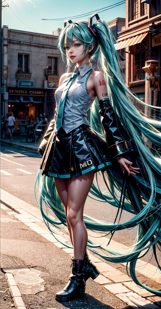 ((Cinematography of Hatsune Miku characters)),1 girl,  solo,  {beautiful and detailed eyes},  medium breasts, (ssmile:1.5),  natural and soft light,delicate facial features, beautiful and supercuteness,  eye smile,  very small earrings, 18yo,  ((model pose)), (erotic and sexy),(aroused face,  ahegao face,  Glamor body type,  blushed face:0.9), (long hairstyle:1.4),messy hair and hair by the breeze, (aqua hair:1.2), film grain,  real hands,  masterpiece, beautiful and aesthetic,  64K,  (UHD:1.4),  high contrast,  bokeh:1.2,  lens flare,  (vibrant color:1.4),  (muted colors, dim colors,  soothing tones:0),  cinematic lighting,  ambient lighting,  side lighting,  Exquisite details and textures, cinematic shot,  Warm tone,  (Bright and intense:1.2),  wide shot, (body view:1.5), ultra-realistic illustration, Siena natural ratio,  Best Quality,  photorealistic,  ultra-detailed,  finely detailed,  high resolution,  perfect dynamic composition, beautiful detailed eyes, ((nervous and embarrassed)), sharp-focus,  beauty mix,  FilmGirl,  shy smile, (wearing  Black Lolita short ,brown boots),(standing pose)