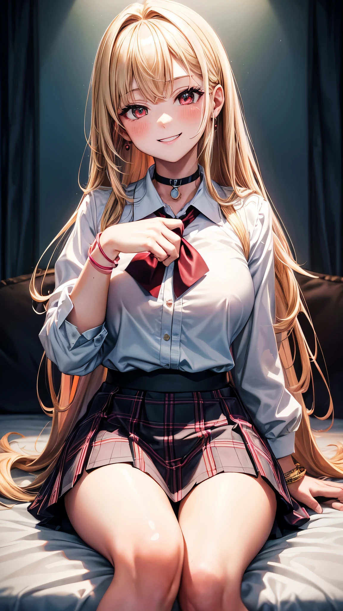 Masterpiece, best quality, high resolution, Kitagawa Marine, blonde hair, long hair, multi colored hair, pink tip of hair, red eyes, The eyes are detailed., decorations, earring, black choker, white collar shirt, White shirt with long sleeves, light blue tie, plaid skirt, short skirt, black stockings, big breasts, Medium hips, perfect thighs, bracelet, bedroom, cross-legged sitting, Blush, smile, excited, see teeth, charming, Wonderful hands., Good Light 4K