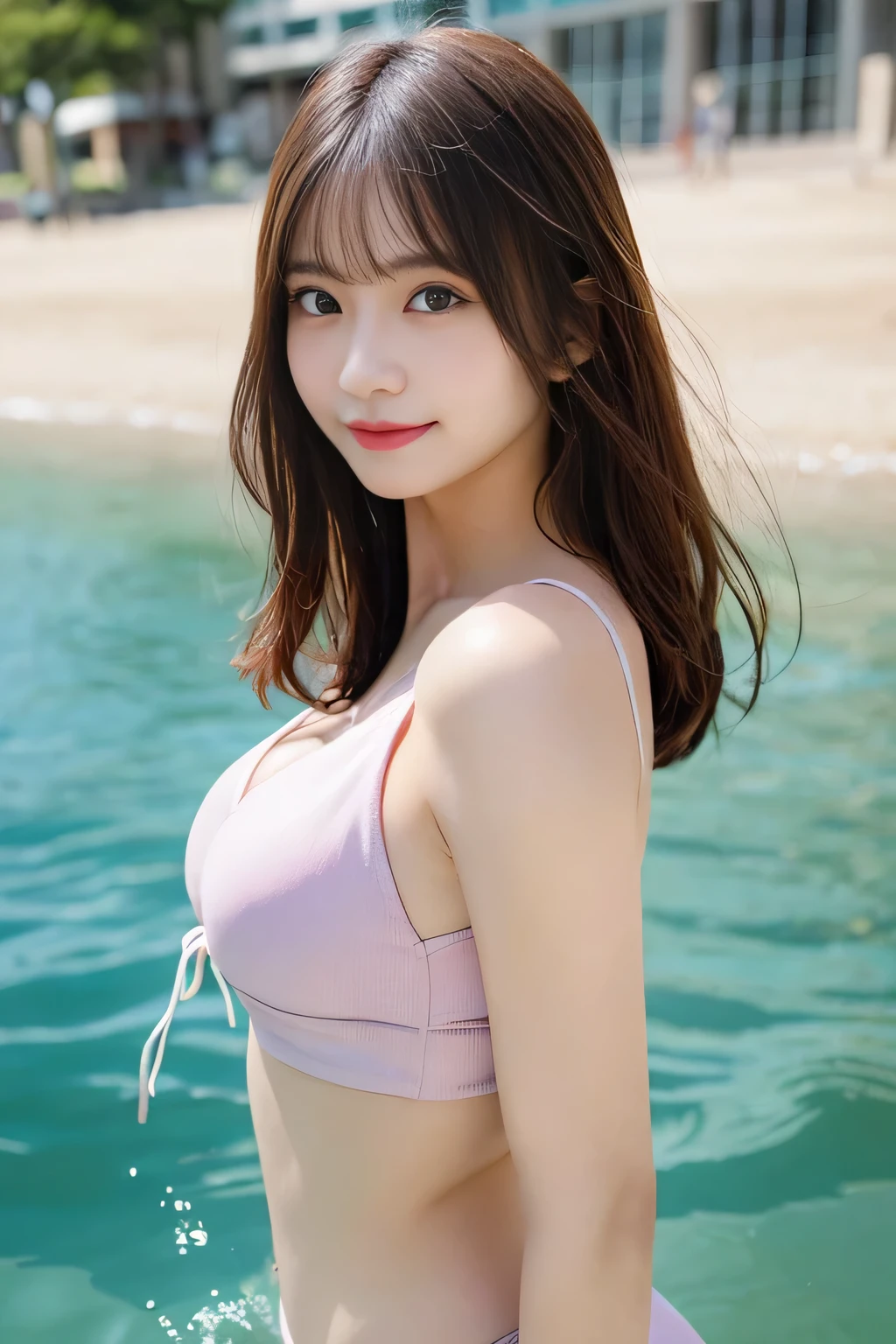 muste piece, best quality, illustration, Super detailed, fine details, High resolution, 8K Dende Wallpaper, perfect dynamic composition, beautiful detailed eyes, she is wearing a pale pink bikini swimsuit,medium hair,natural color lip, shy smile,Harajuku style、18 years old girl、There is only one person, bust up photo、Correct posture、stretch your back、Never show your hands、Stand up straight、cute type、looking at camera、G Cup、Large Breasts, brown hair、Don't touch it、Blurred sea water background、Copy Space