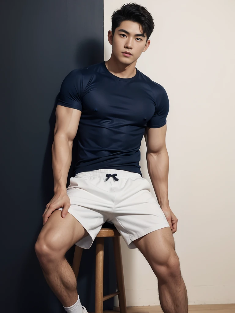 1 Handsome naked Japanese guy ,Sexy pose, A 20 year-old man wearing a Bare chest shirt and Excellent shorts stands against a white background, navy blue, navy blue, Sports T-shirt, blue, Excellent Sportswear, Gorgeous and sexy clothes, Sportswear, Short sleeve, Jinjinshen blue clothes, Tall young man, Tennis suits, 穿着Sportswear, dark blue decorative clothing,male,Bare chest,Full chest muscles,Swelling of chest muscles,Six-pack,Hips, Handsome,High,Muscles look good,hairy body,Sexy expression, Wheat complexion,black eyes(thin eyes 1:3),Full body image, Excellent, perfect dick shape, Perfect hand details,Detailed you, , Mostly juicy ass, The opening of your legs