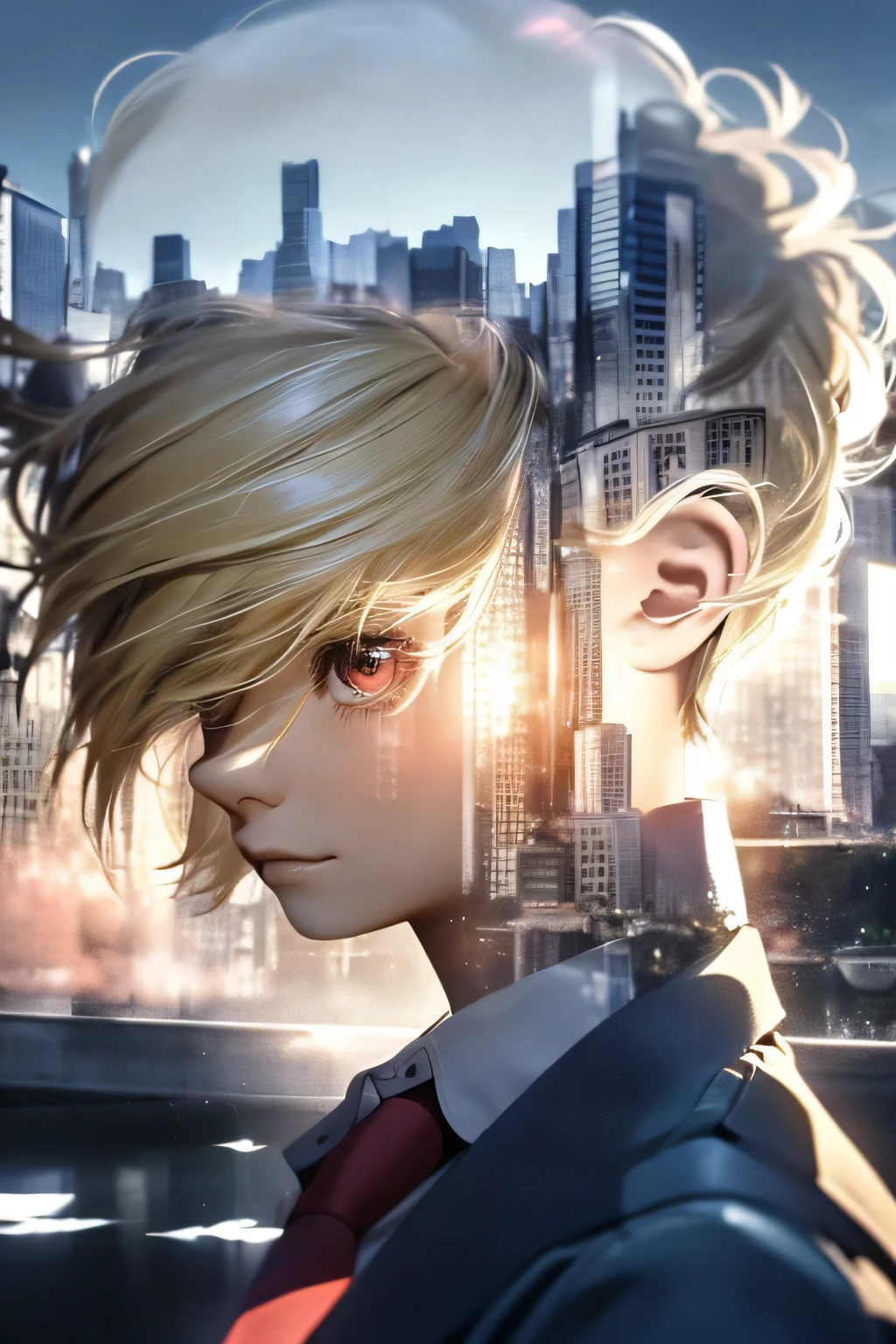 (((Barrette)))、(((Hair on one eye)))、(((Blonde short hair))),(((Red eyes)))、(Blue blazer)、White shirt、(Red tie)、Photorealistic、(((Super multiple exposure effect where the background can be seen through the clothes)))、With a girl、Laughter、Lakeside in the background、wonderful、(towards the night view, If you leave the shutter open for a long time)、create a line of light.