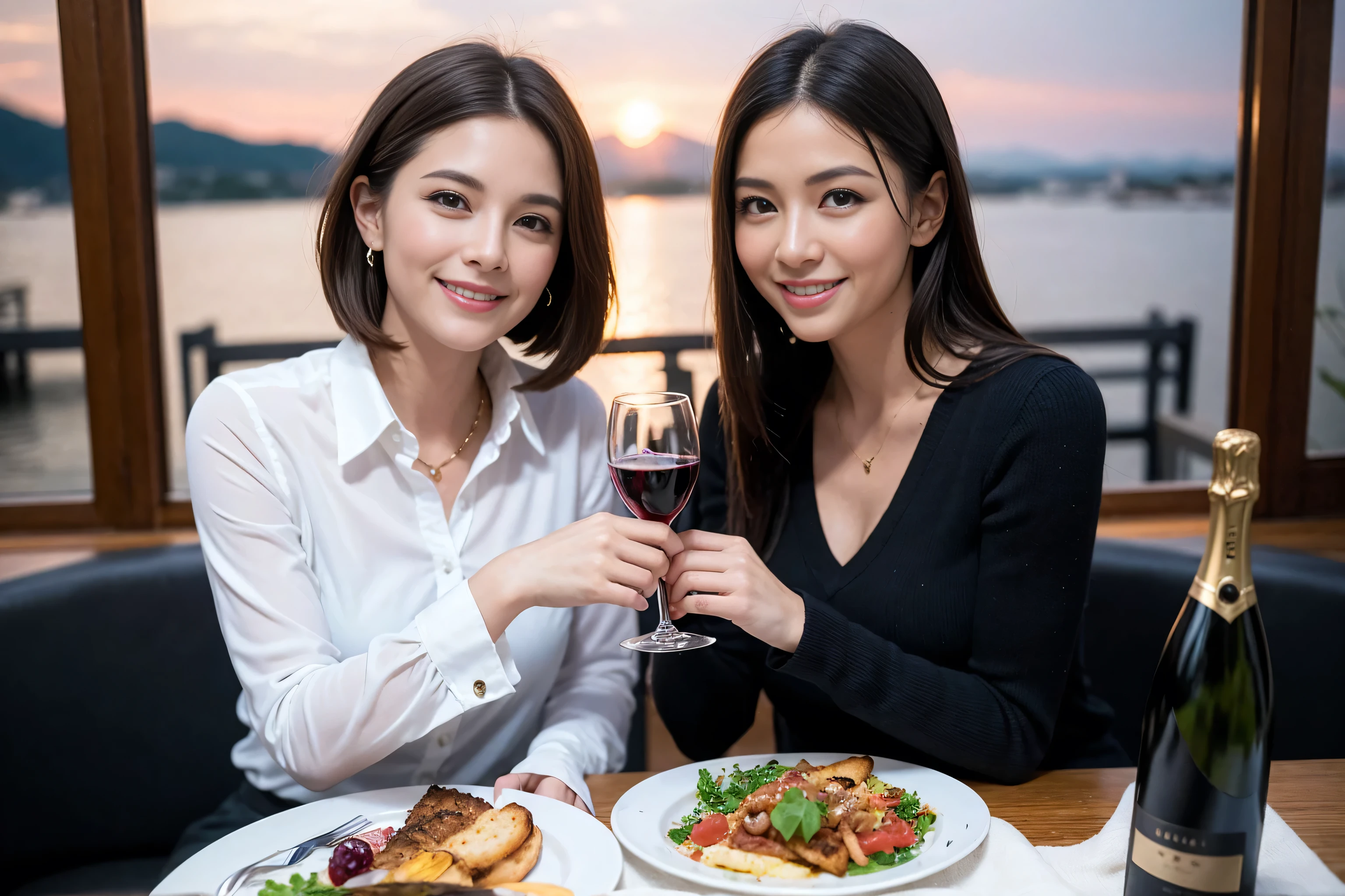 ((highest quality、8k、masterpiece:1.3))、1 male 1 female、Lovers、beautiful couple、Happy Smile、 (Slim face), (The body is スリム), (Brown Hair), (Shortcuts), ((Bob Hale、Straight hair:1.2)), Wine glass on the table、Please put light on my face、 Amazing view of the sunset sky and clouds、Amazing mountain views、The wonderfulness of smiles、Bright image、Blushing, Shortcuts,Bright Face、 (36 years old), 39 years old, red wine 、Appetizers、Italian food、Wine bottle、Champagne、sparkling wine、Long sleeve shirt、dress、Attractive beauty、restaurant, Nova Frog Style, actress, model, Upper Body, White wine, red wine, wine glass,
