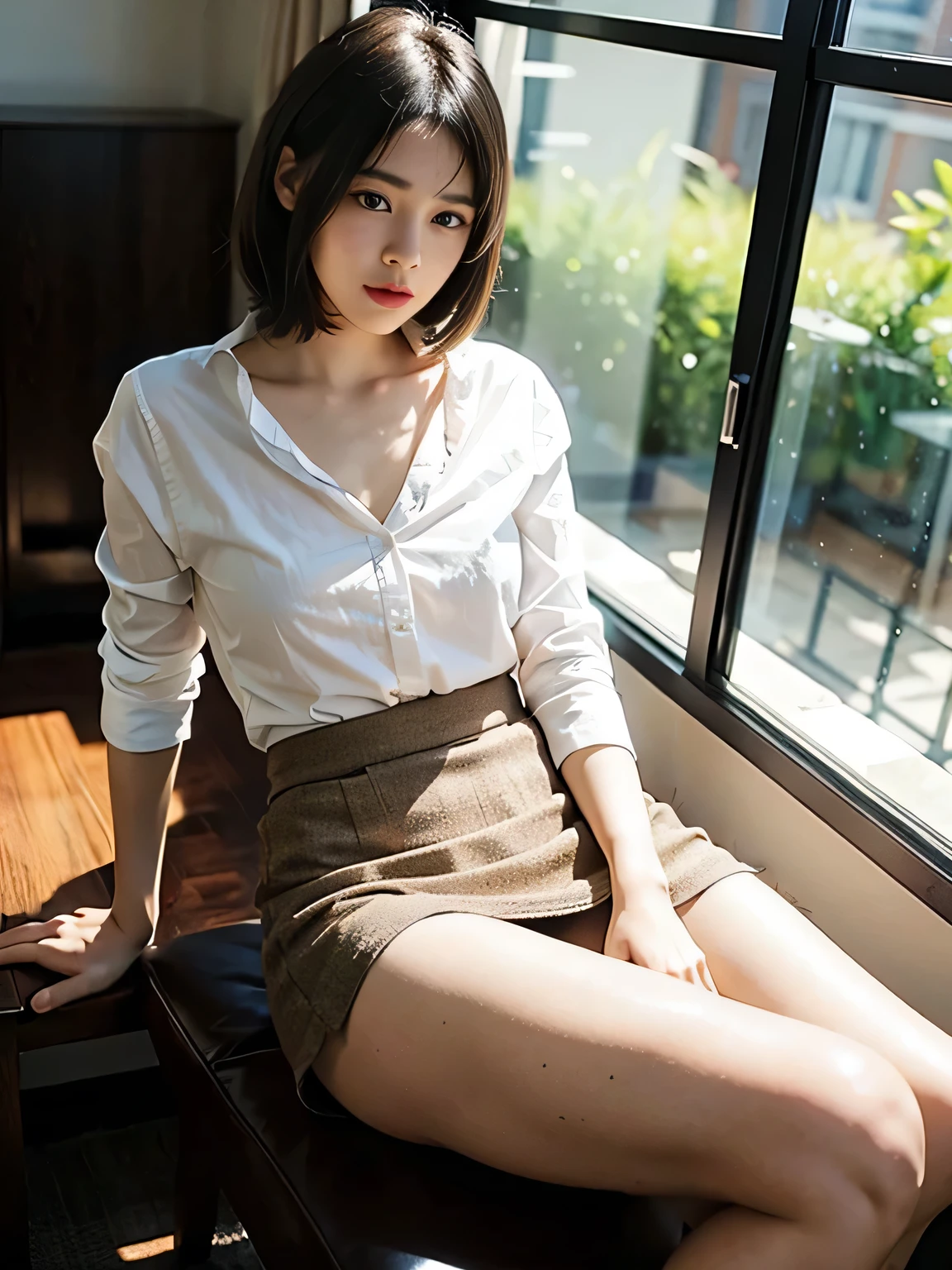 1 girl,young girl,large chest,,nice leg line:1.3,thin waist,tic,short skirt in black, socks, brunette colored hair, white shirt mostly unbuttoned, no bra, Blurry back, knee high, White shirt, bass, true to life, brown wavy hair,medium length hair,lustful lips, Landscape, outside, brown footwear, master piece, highest quality, super detailed((pencil skirt)),Watch the audience from below,(lace pantyhose:1.3),(Golden Ratio Chart),(office room,sit on a chair:1.3),Close-up masterpiece,best quality,best perspective,Very detailed and complex,very sophisticated and beautiful,highest qualityの光,(ray tracing:1.1),anti-aliasing,
Realistic,Realistic,award-winning illustrations,(intricate details:1.2),(exquisite details)(intricate details),(cinematic light,highest qualityのバックライト),clear lines,,super detailed,High resolution,very detailed、very sophisticated and beautiful,RAW photo,professional lighting,dynamic lighting,face light,Depth of the bounds written,single focus,