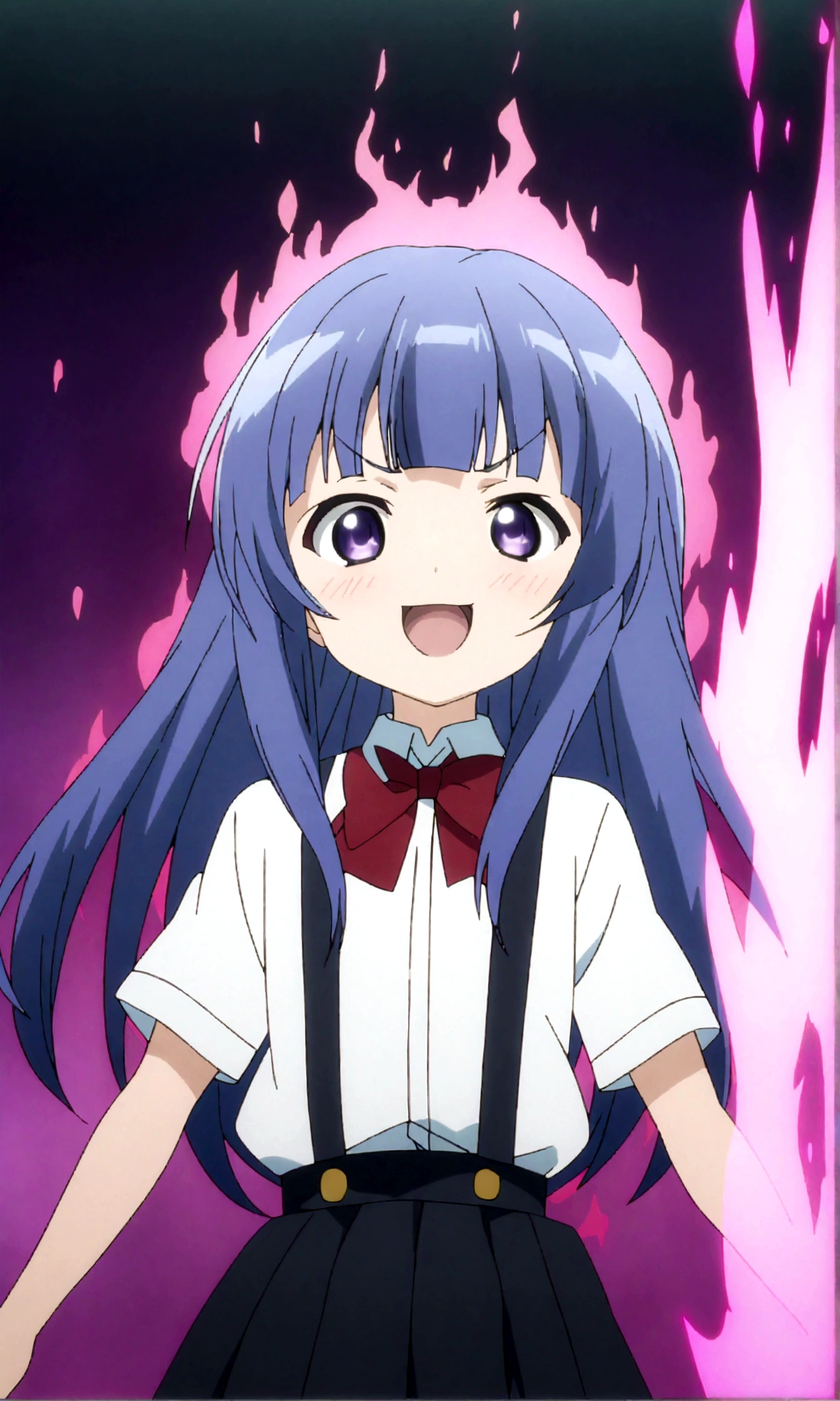 score_9,score_8, score_8_up, BREAK 1girl, solo, furude rika, (tween), kawaii, blue hair, purple eyes, long hair, blunt bangs, bangs,straight-on, simple background, white background, bow, skirt, shirt, suspenders, smile, short sleeves, pleated skirt, white shirt, open mouth, :d, red bow, facing viewer,^_^,smug, suspender skirt, , black skirt, collared shirt, blush, bowtie, blunt bangs, dress shirt,masterpiece, best quality, source_anime,anime screencap,anime coloring,standing,mediumshot,aura,Emitting magical light,

