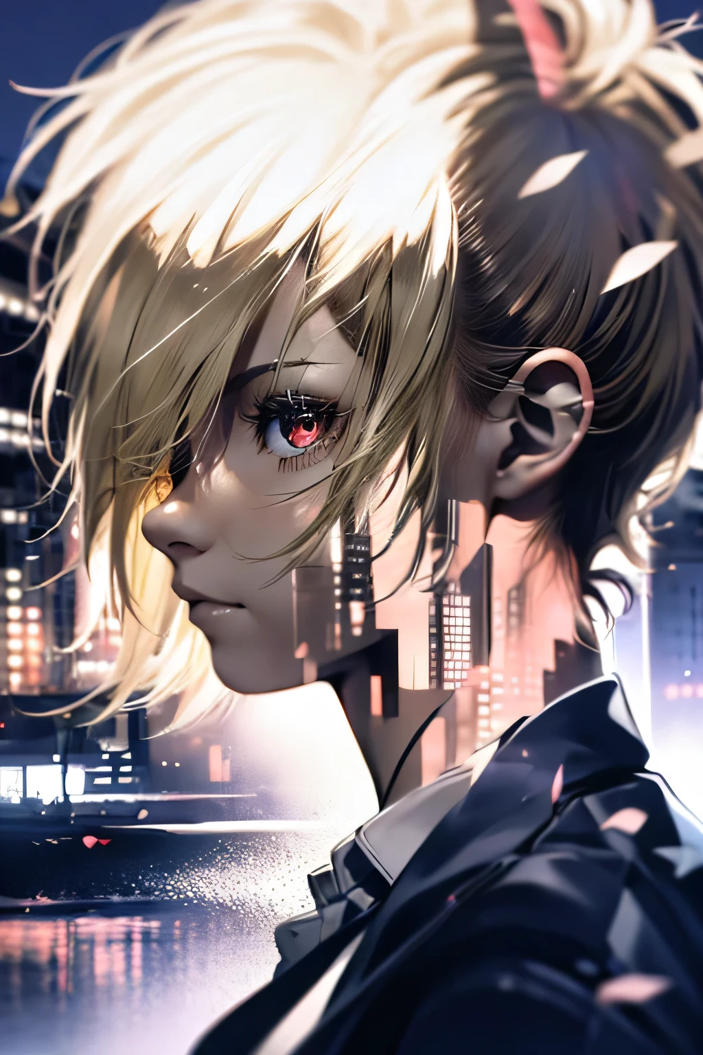 (((Barrette)))、(((Hair on one eye)))、(((Blonde short hair))),(((Red eyes)))、(Blue blazer)、White shirt、(Red tie)、Photorealistic、(((Super multiple exposure effect where the background can be seen through the clothes)))、With a girl、Laughter、Lakeside in the background、wonderful、(towards the night view, If you leave the shutter open for a long time)、create a line of light.