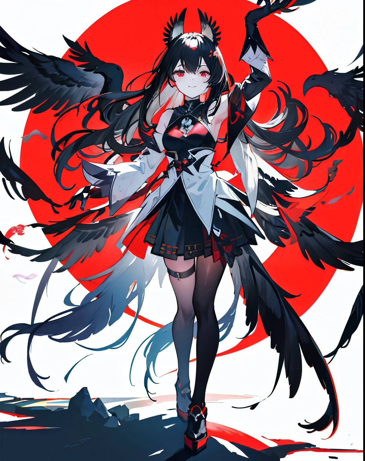 Art Station, White Background, Standing in the Wilderness,whole body、Equipped with Crow Gauntlets、Long Black Hair、triumphant smile、Small breasts、, As if smoke and shadows were given shape, Wings made from giant crows, Dancing crow feathers, Many glowing red eyes, Shadow Claw, Supernatural Lightning and Fire, ((black sun)), 8K High Resolution, トレンドArt Station, whole body,Black feather dress、A whirlpool of countless red-eyed crows、Nova explosion、Nuclear explosion
