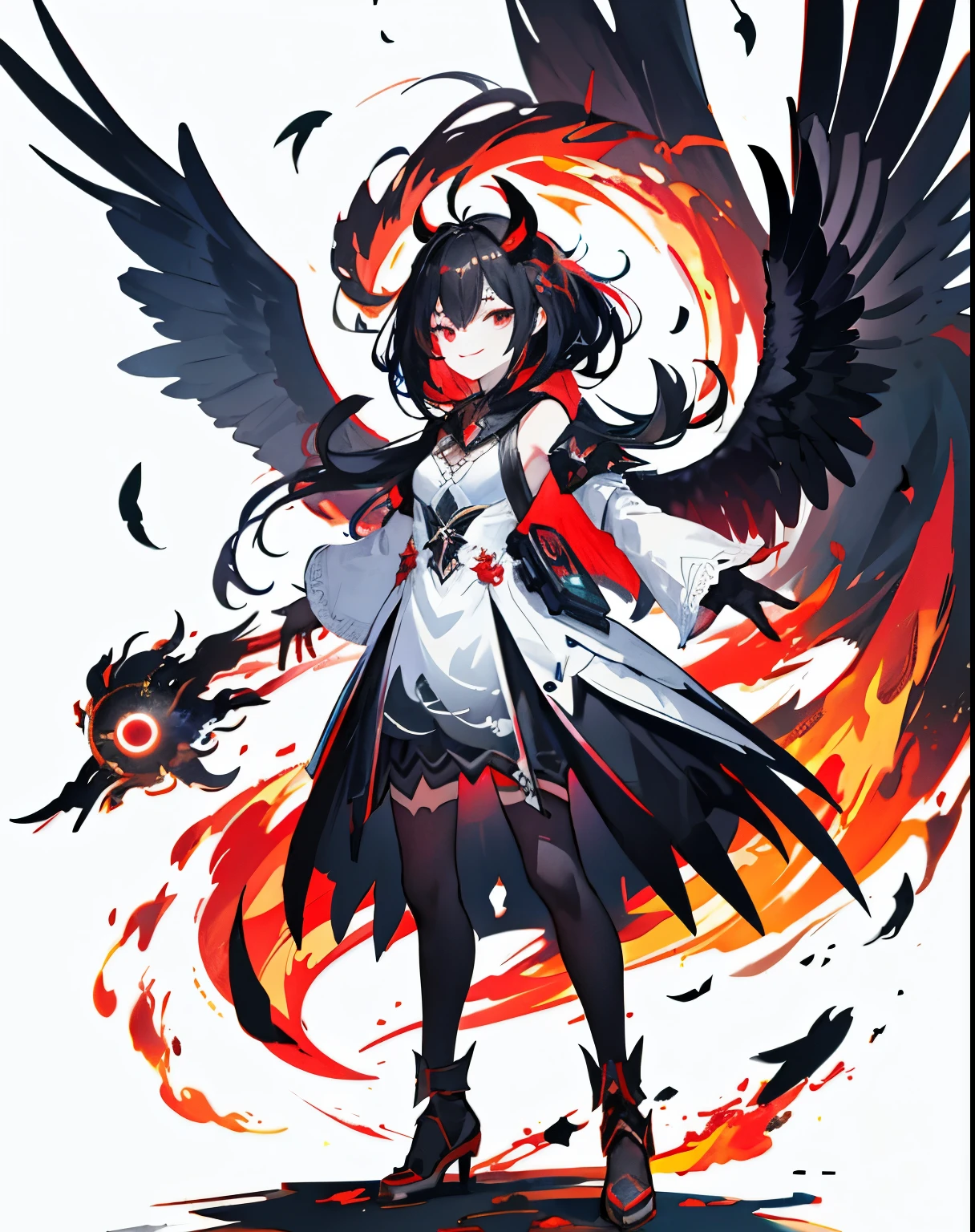 Art Station, White Background, Standing in the Wilderness,whole body、Equipped with Crow Gauntlets、Long Black Hair、triumphant smile、Small breasts、, As if smoke and shadows were given shape, Wings made from giant crows, Dancing crow feathers, Many glowing red eyes, Shadow Claw, Supernatural Lightning and Fire, ((black sun)), 8K High Resolution, トレンドArt Station, whole body,Black feather dress、A whirlpool of countless red-eyed crows、Nova explosion、Nuclear explosion