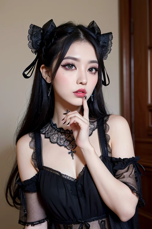 (una gotica lijeranebte obesa, pero culona. With mascara and small false eyelashes, with a less Asian tone (con caray ropa mas "argentina"))