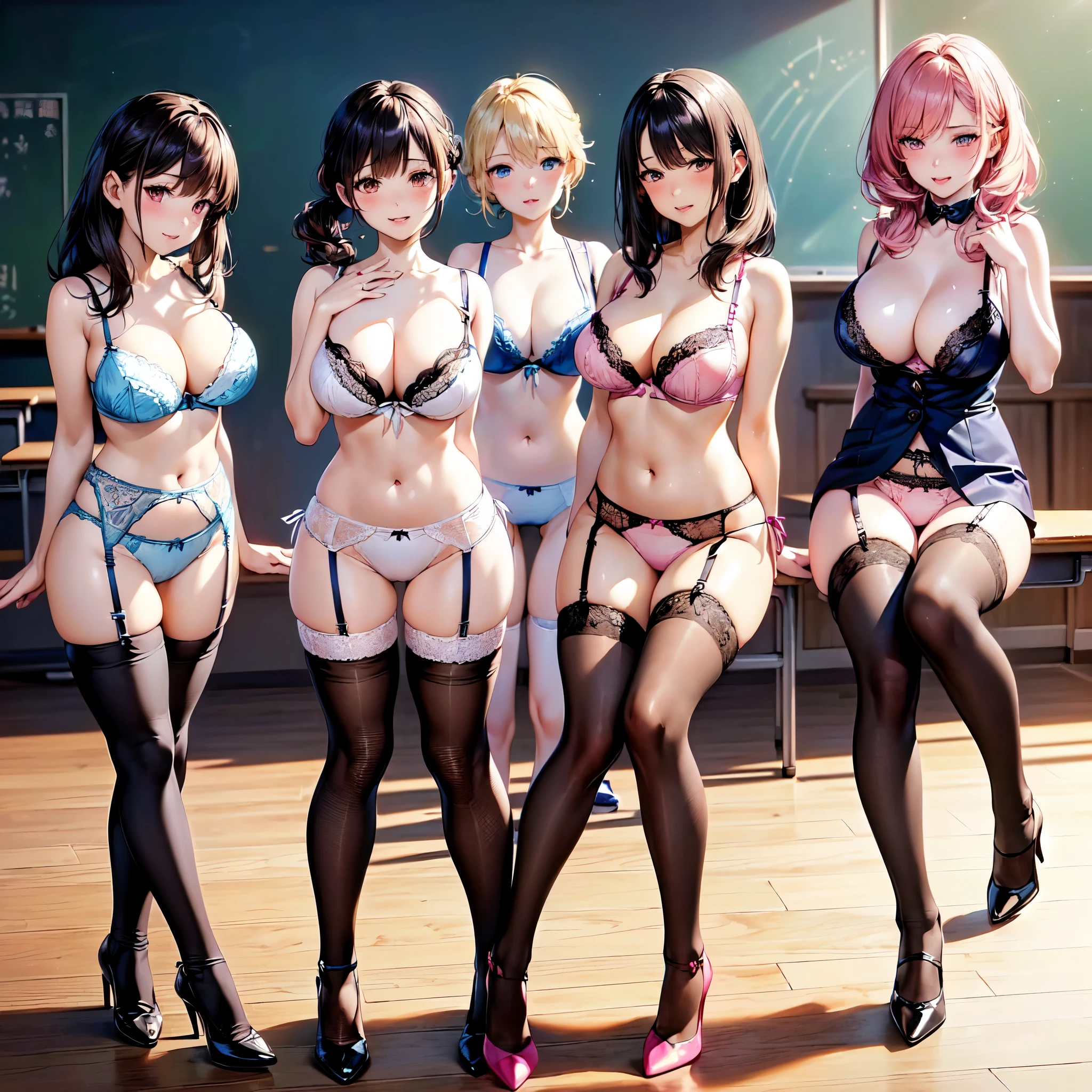 ((masterpiece, highest quality, High resolution, 超High resolution, Perfect Pixel, Depth of written boundary, 4K, RTTX 10.0, High resolution))), (Five adult women:1.3), Beautiful Anime Woman, Beautiful art style, Anime characters, ((Long Hair, bangs, Dark brown hair, Various hairstyles, ponytail, Twin tails, Bobcut)), ((Beautiful eyelashes)), ((Detailed face, blushする:1.2)), All five have different faces, ((Smooth texture, Realistic texture, Anime CG Style)), Perfect body, (Slender body:1.2), Beautiful and big breasts, Exact finger count、Exact number of legs、Exact number of arms, (blush:1), (The five women are standing side by side to greet each other.:1.2), ((In underwear, garter belt, (Black knee socks:1.2), High heels, lingerie:1.4), Realistic, highest quality, High resolution, 非常にDetailed face, Perfect lighting, Extremely detailed CG, (Perfect hands, Perfect Anatomy), Embarrassed expression, (School classroom:1.3), Morning sun-like lighting, whole body, ((Stylish and sexy shiny satin panties, Stylish lace side-tie panties, White panties, Dark pink panties, Dark Blue Panties:1.2)), Angle from the front、(Beautiful and thin thighs:1.2), chest is exposed, The shoulders have exposed skin, Arms have exposed skin, The skin is exposed around the waist, Wearing only underwear, ((Stylish and sexy shiny satin lace bra, White Bra, Dark pink bra, Dark Blue Bra:1), All about the same height