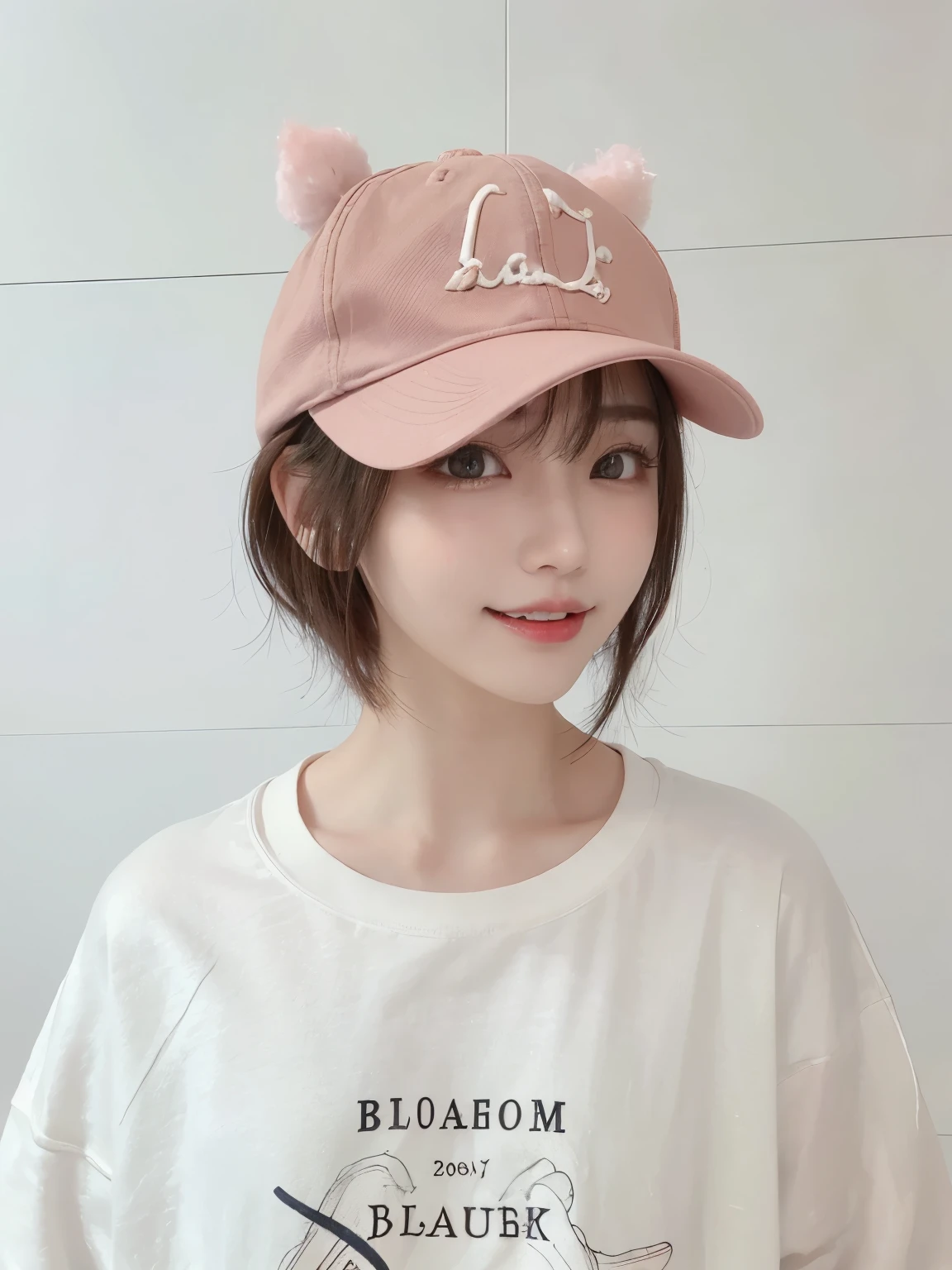Best image quality、original photo、ultra high resolution、21 years old Korean、small breasts、dynamic angle、Cowboy shooting、The most beautiful form of chaos、elegant、Innovative design、bright colors、,light brown short hair、disheveled hair、light brown eyes 、black baseball cap(Facial expressionSmile)、short bob、Smile、Fair and shiny skin、beautiful eyes,random colors、The details are very beautiful、thin lips、Delicate and beautiful eyes、elongated eyes、Pale pink cheeks、long eyelashes、beautiful double eyelids、eye shadow、he、White Large T-shirt Sweatshirt、baggy pants、Shot from the side、sexy pose、enlarge
