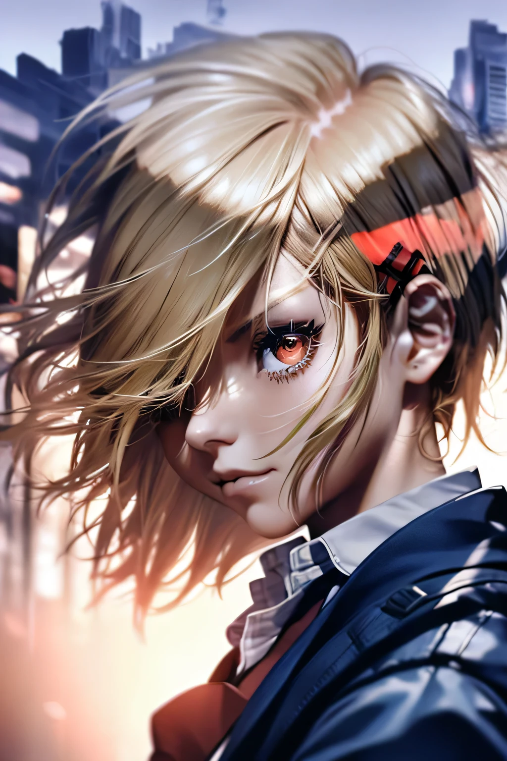 (((Barrette)))、(((Hair on one eye)))、(((Blonde short hair))),(((Red eyes)))、(Blue blazer)、White shirt、(Red tie)、Photorealistic、(((Super multiple exposure effect where the background can be seen through the clothes)))、With a girl、Laughter、Lakeside in the background、wonderful、(towards the night view, If you leave the shutter open for a long time)、create a line of light.
